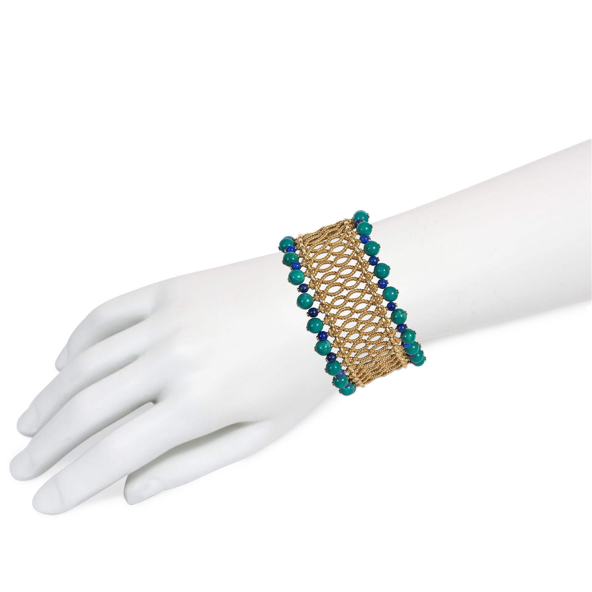 Bead Bulgari 1950s Gold, Turquoise, and Lapis Bracelet; Matching Necklace Available For Sale