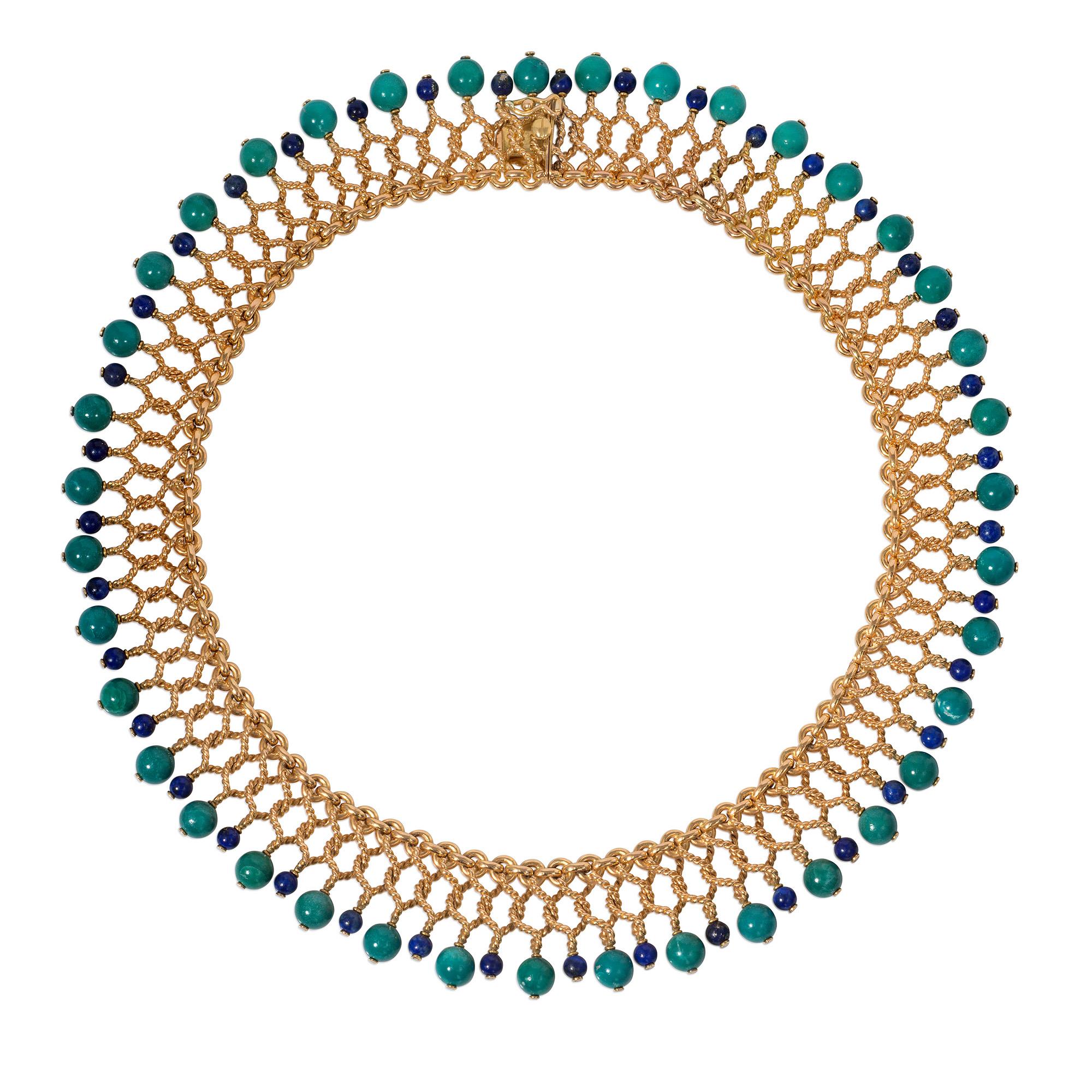 Bulgari 1950s Gold, Turquoise, and Lapis Bracelet; Matching Necklace Available In Good Condition For Sale In New York, NY