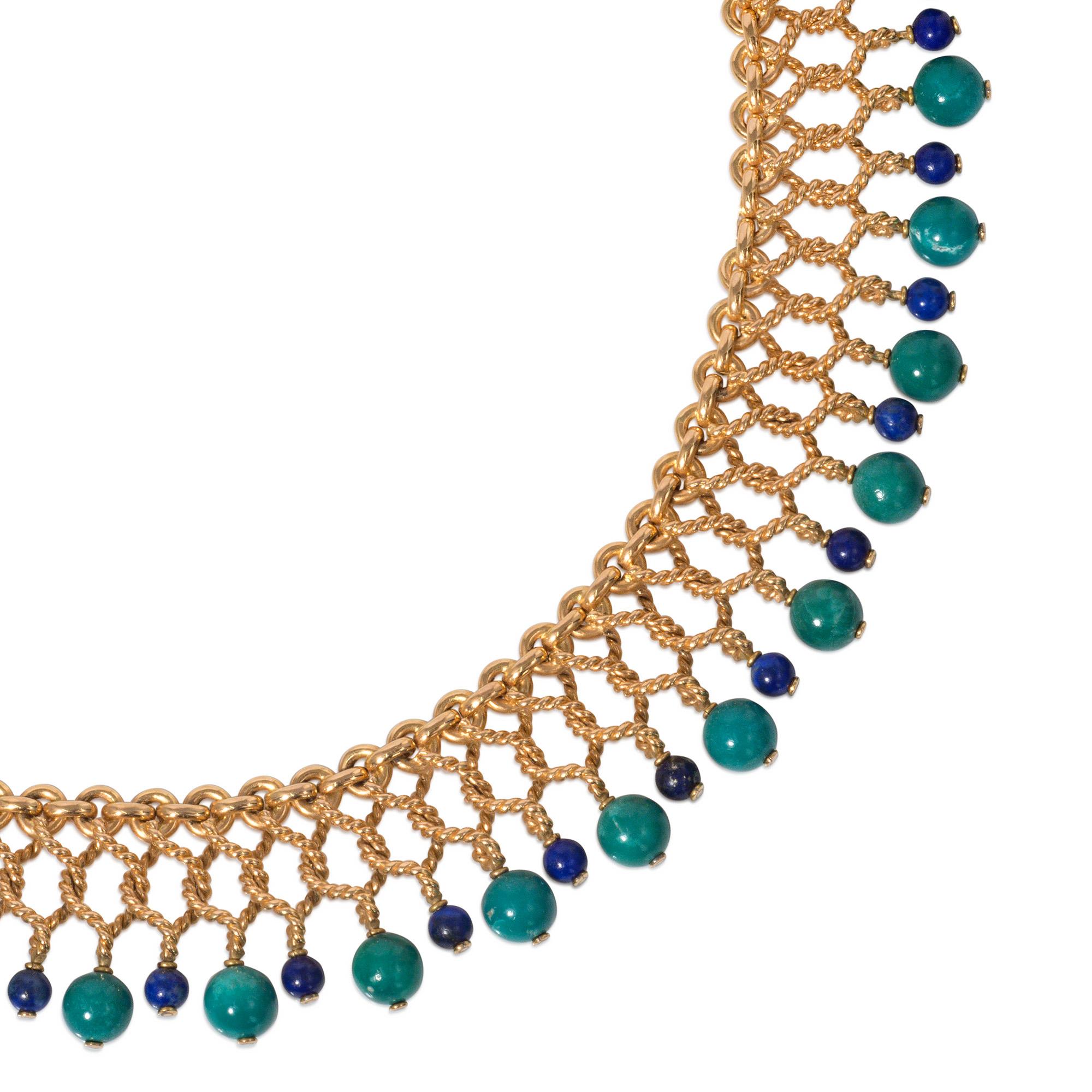 Women's or Men's Bulgari 1950s Gold, Turquoise, and Lapis Bracelet; Matching Necklace Available For Sale