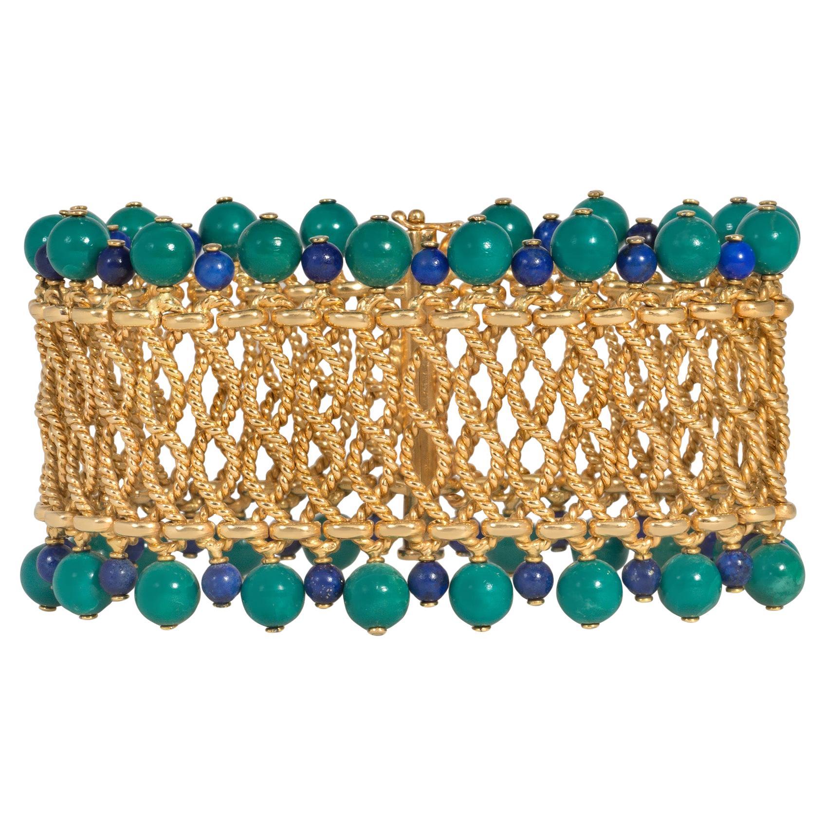 Bulgari 1950s Gold, Turquoise, and Lapis Bracelet; Matching Necklace Available For Sale