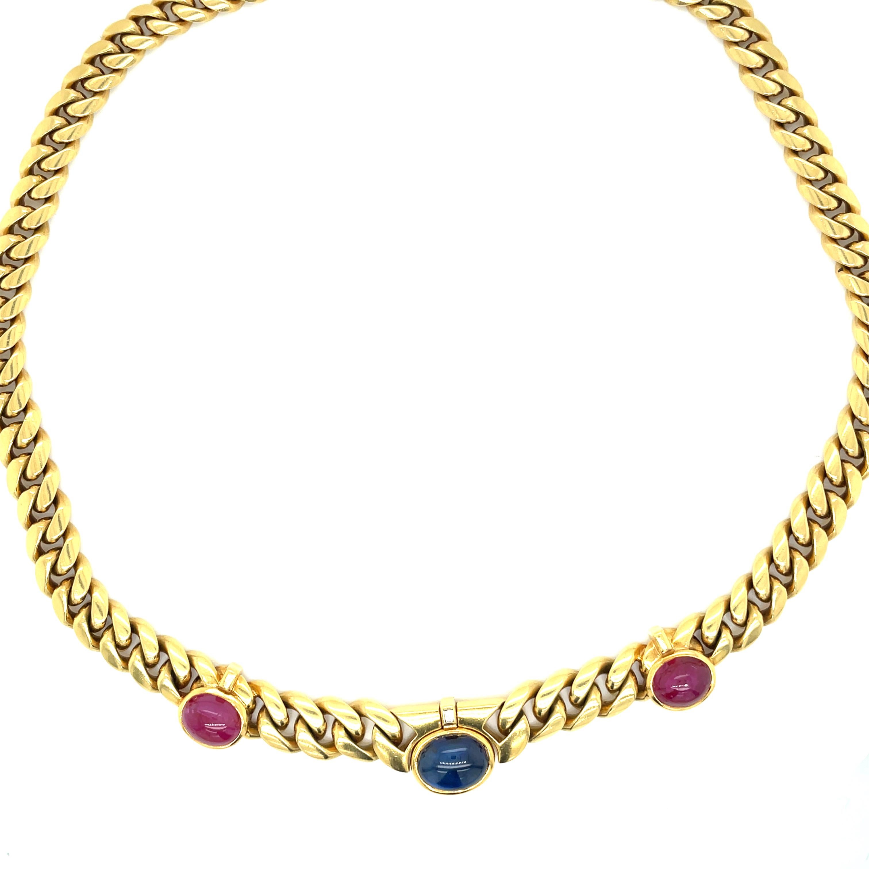 Cabochon Bulgari 1970' Ruby Sapphire Diamond Curb Link Necklace