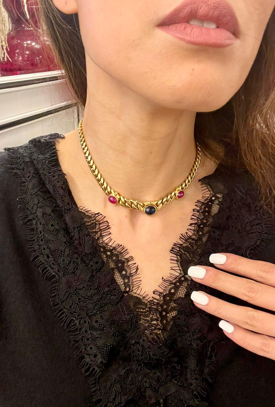 Bulgari 1970' Ruby Sapphire Diamond Curb Link Necklace In Excellent Condition In Napoli, Italy