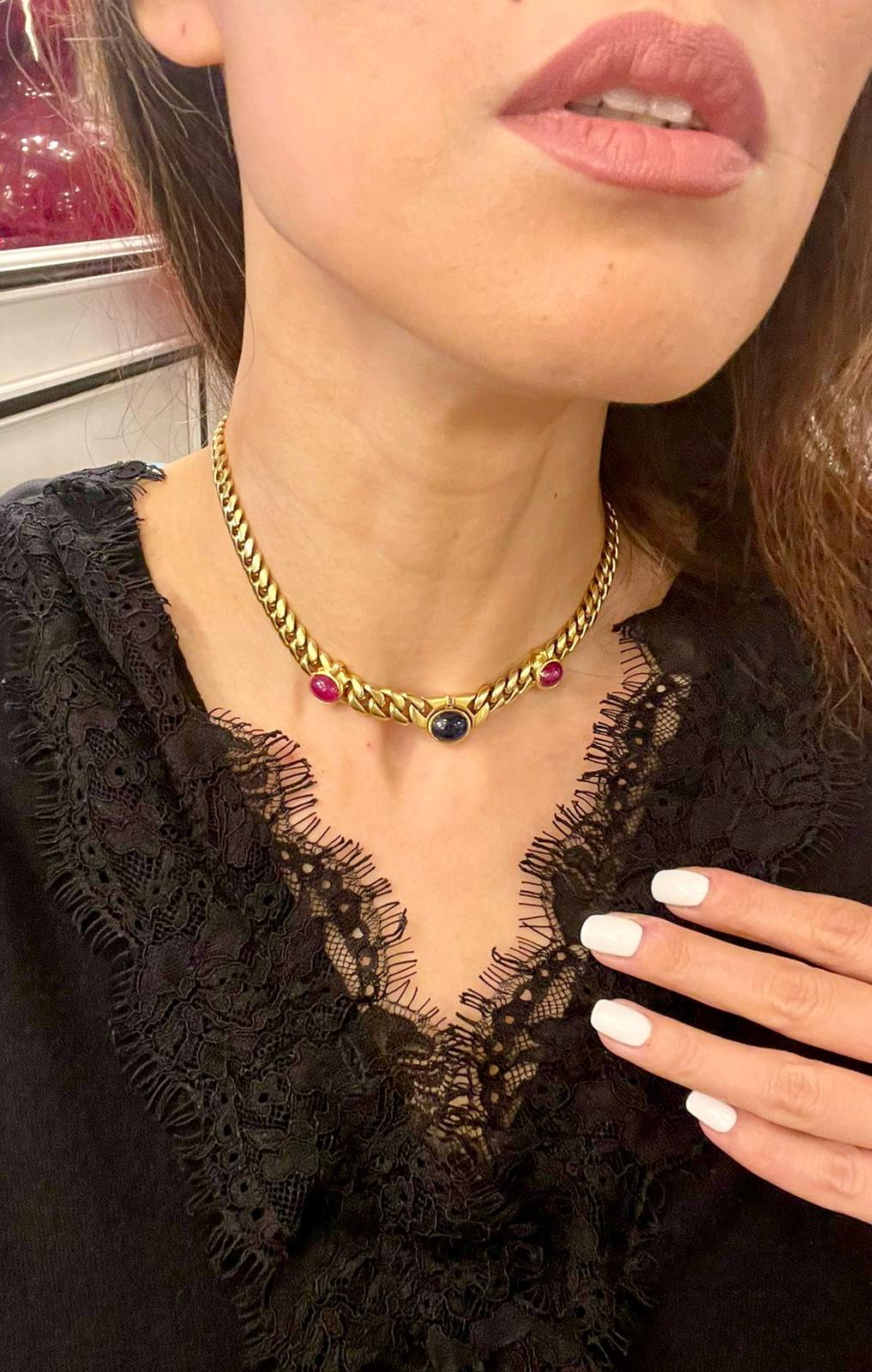 Bulgari 1970er Jahre Rubin-Saphir-Diamant-Gliederhalskette 1