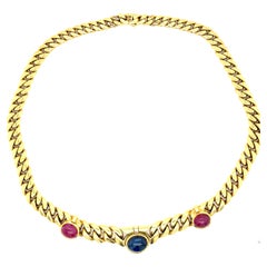 Vintage Bulgari 1970' Ruby Sapphire Diamond Curb Link Necklace