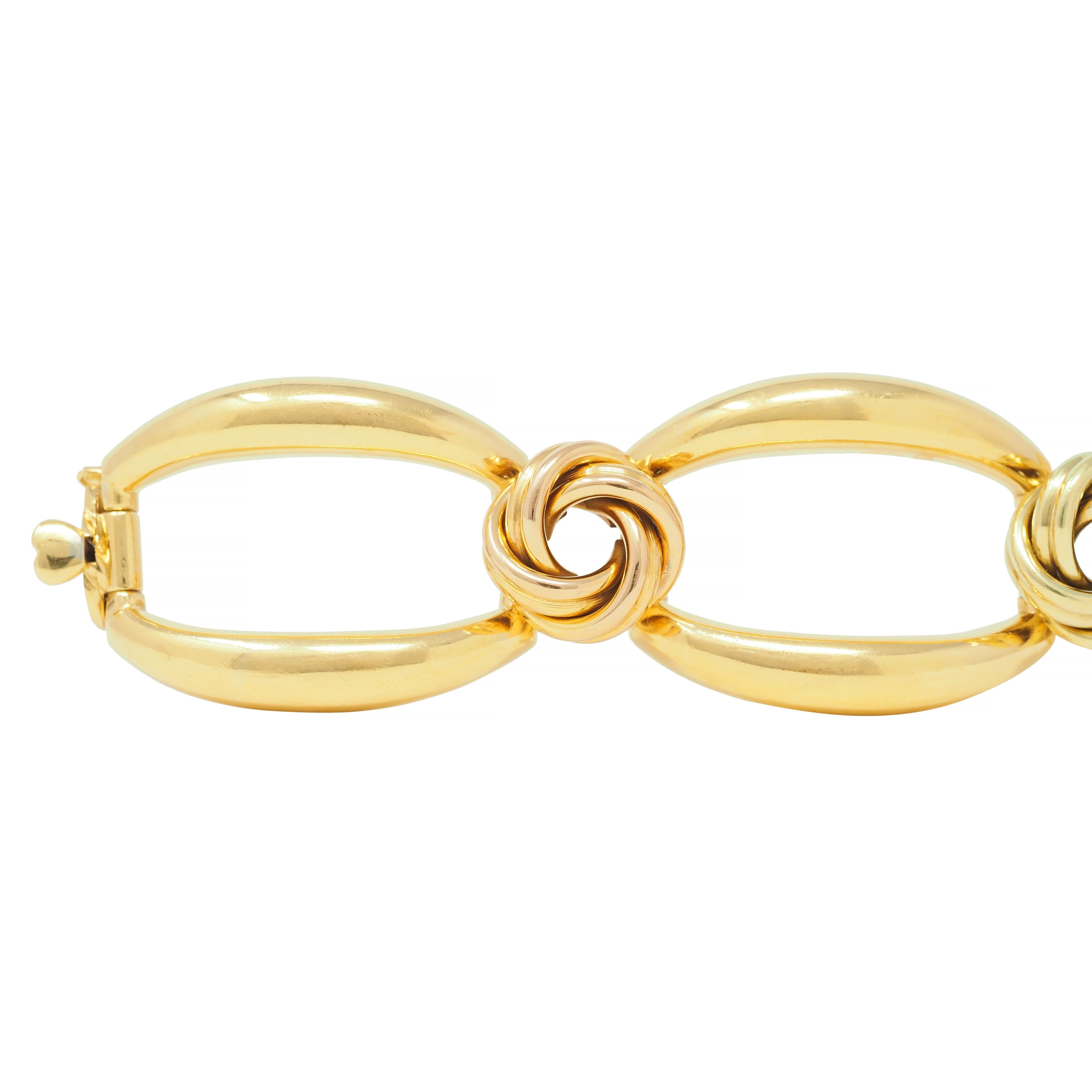 Bulgari 1970's 18 Karat Yellow Rose White Green Gold Knot Link Vintage Bracelet In Excellent Condition For Sale In Philadelphia, PA