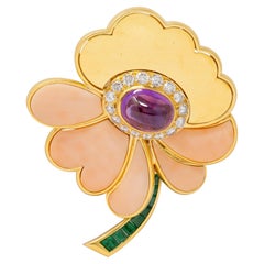 Bulgari 1970s Coral Emerald Diamond Pink Sapphire 18K Gold Vintage Flower Brooch