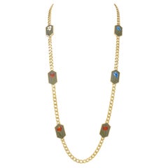 Bulgari 1970
s Inlay Multi-Gem 18K Gold Vintage Curb Link Chain Floral Necklace