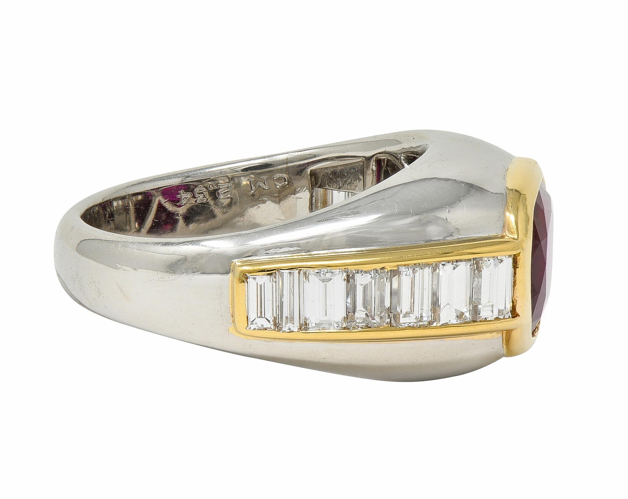 Taille coussin Bulgari 1970 Ruby Diamond Platinum 18 Karat Yellow Gold Vintage Bombé Ring en vente