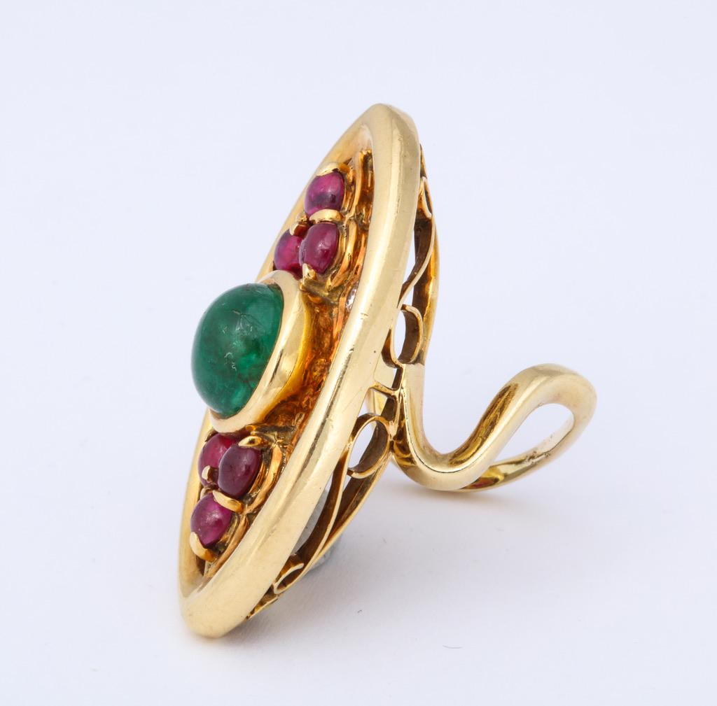 Women's or Men's Bulgari 1970s Ruby Emerald Diamond Cocktail Ring