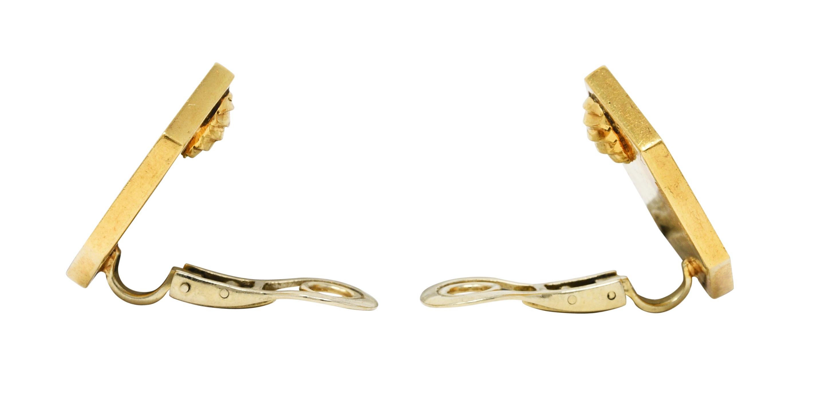 Bulgari 1970's Tiger's Eye Mother-Of-Pearl 18 Karat Yellow Gold Inlay Earrings In condizioni ottime a Philadelphia, PA