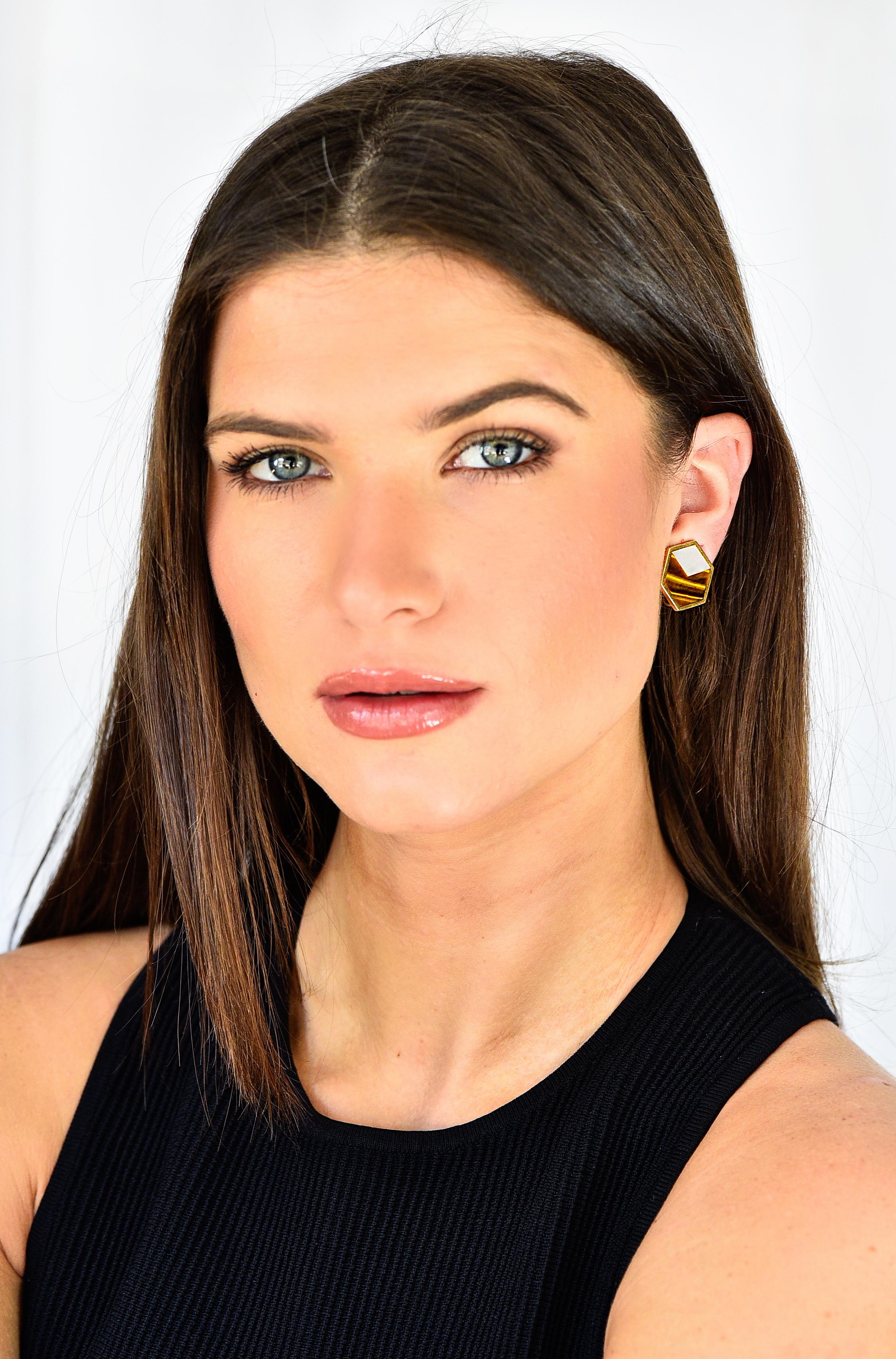 Grezzo Bulgari 1970's Tiger's Eye Mother-Of-Pearl 18 Karat Yellow Gold Inlay Earrings