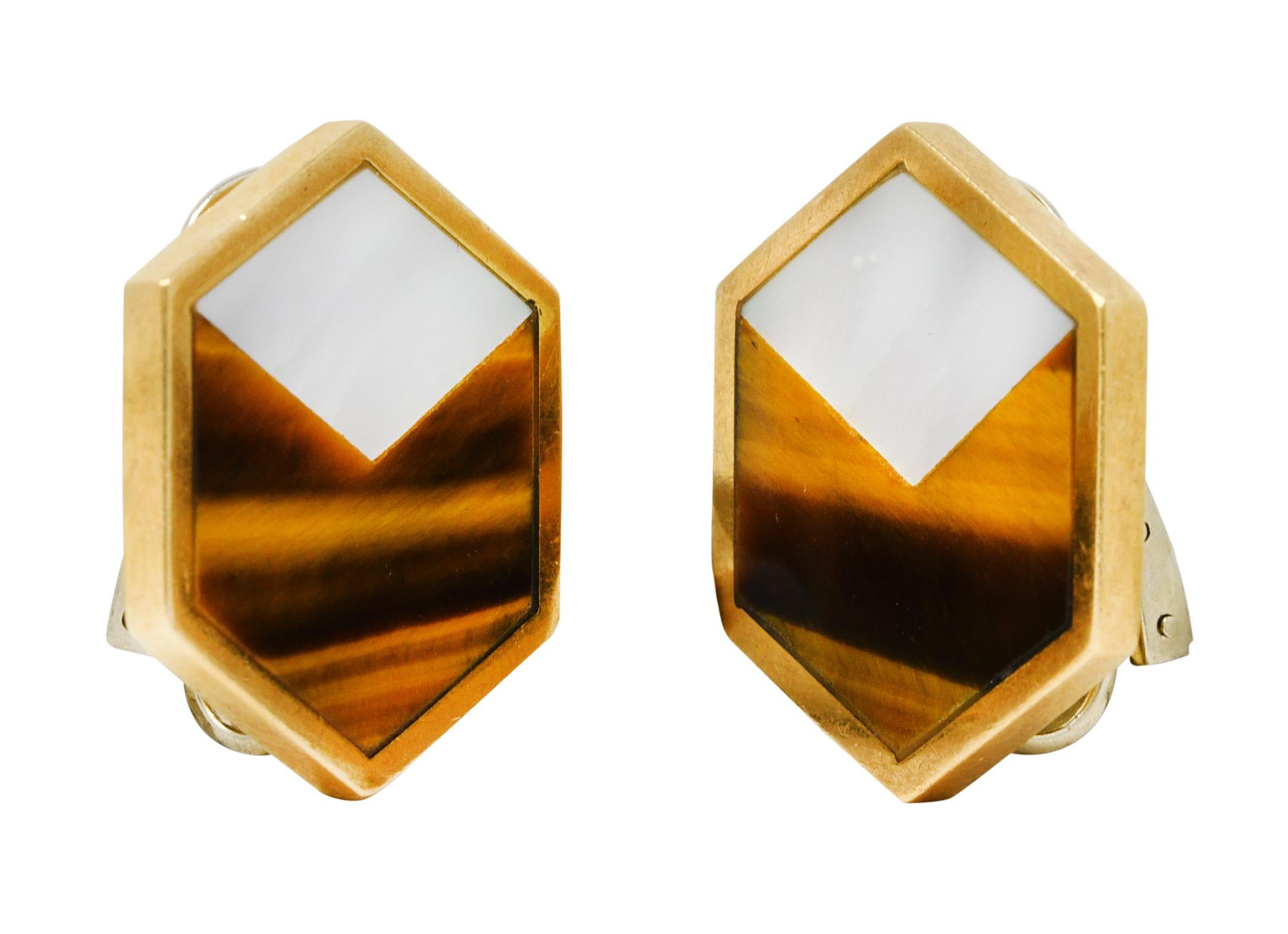 Bulgari 1970's Tiger's Eye Mother-Of-Pearl 18 Karat Yellow Gold Inlay Earrings 2