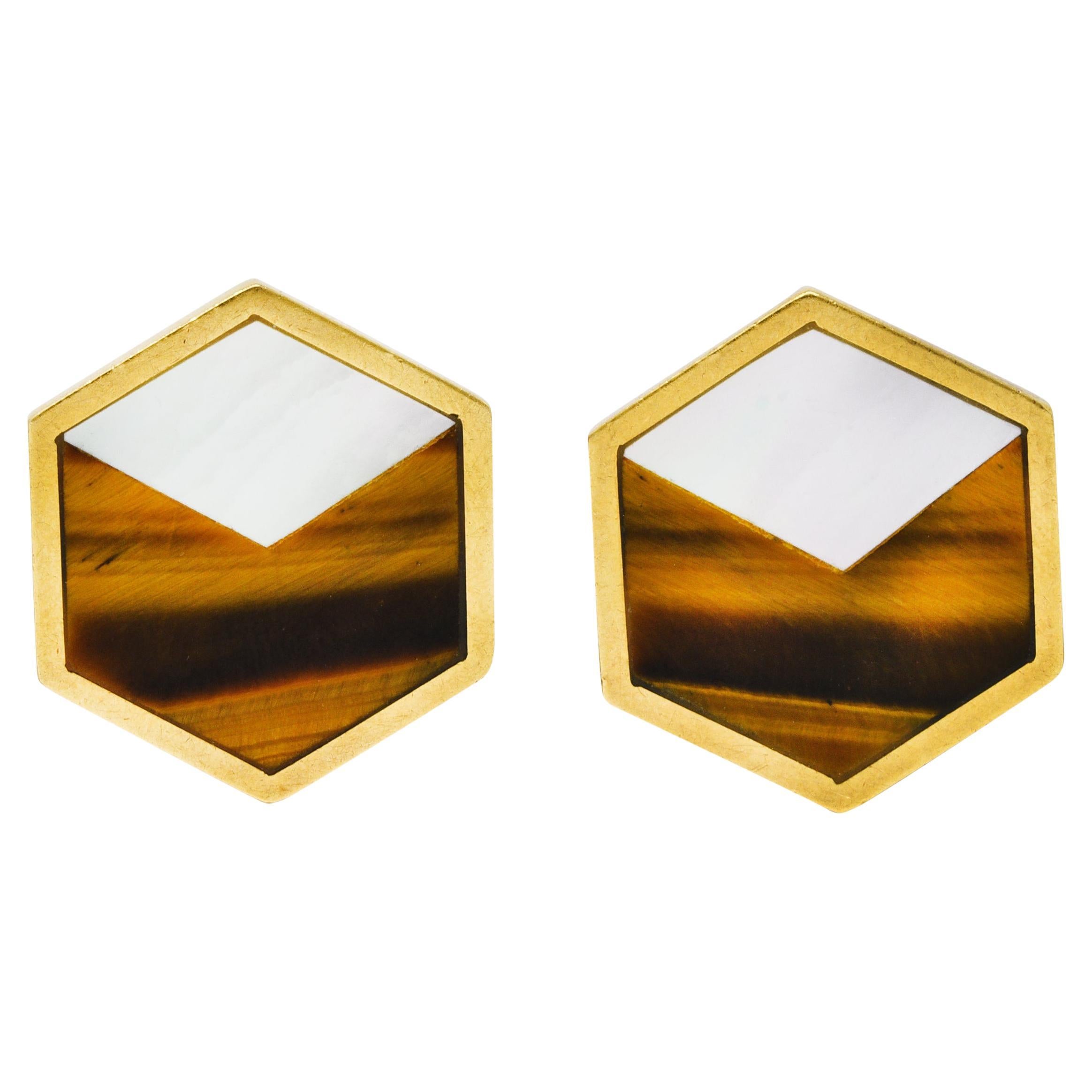 Bulgari 1970's Tiger's Eye Mother-Of-Pearl 18 Karat Yellow Gold Inlay Earrings