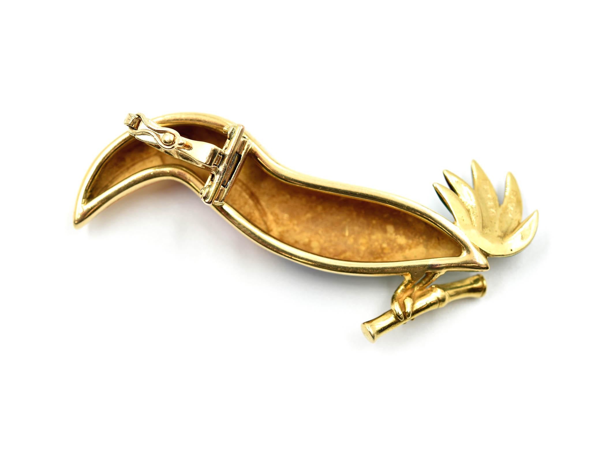 Modern Bulgari 1970s Toucan Enamel and Diamond 18 Karat Yellow Gold Pin Pendant