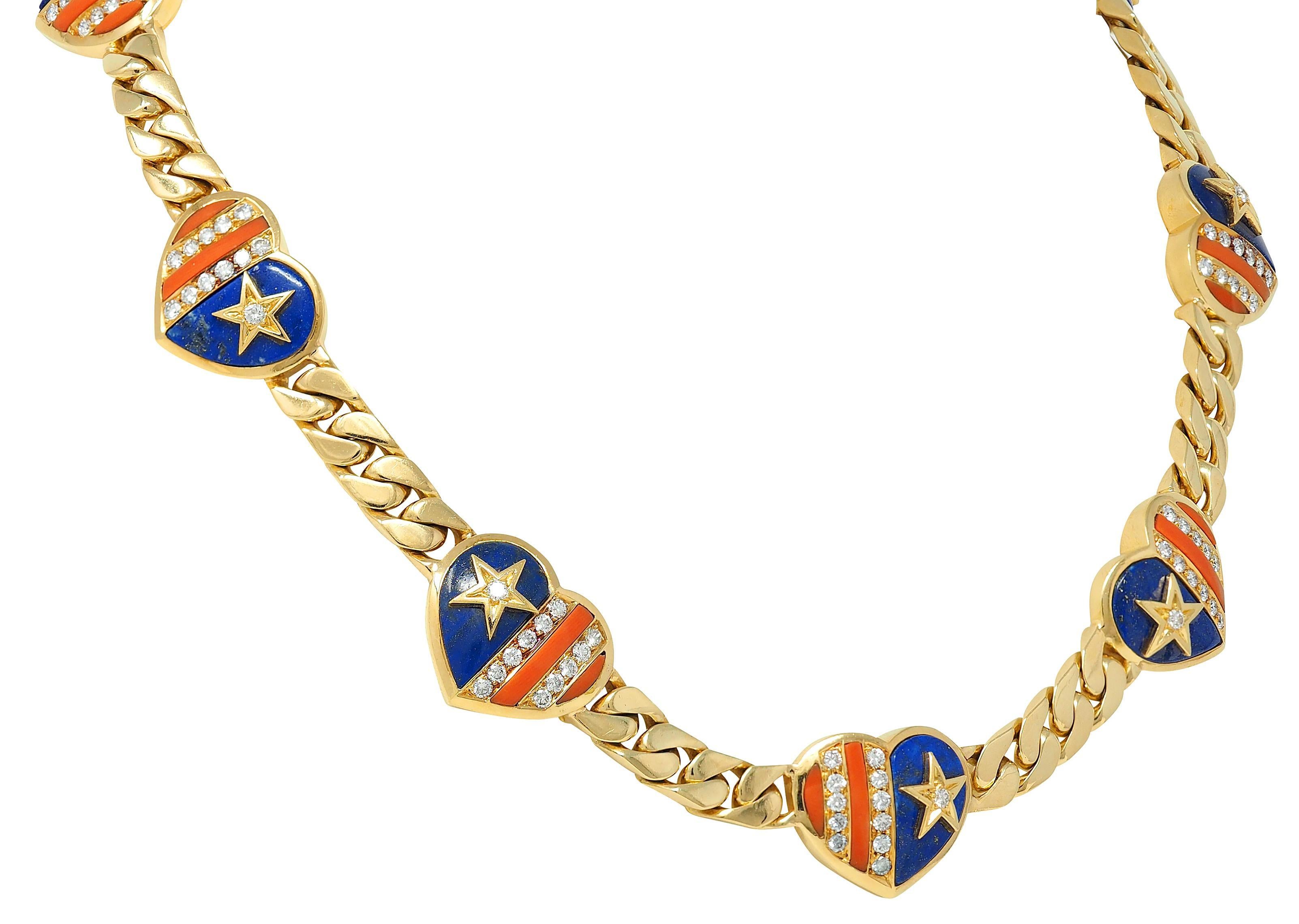 Bulgari 1972 Koralle Lapis Diamant 18K Gold Vintage Stars & Stripes Herz Halskette (Brillantschliff) im Angebot