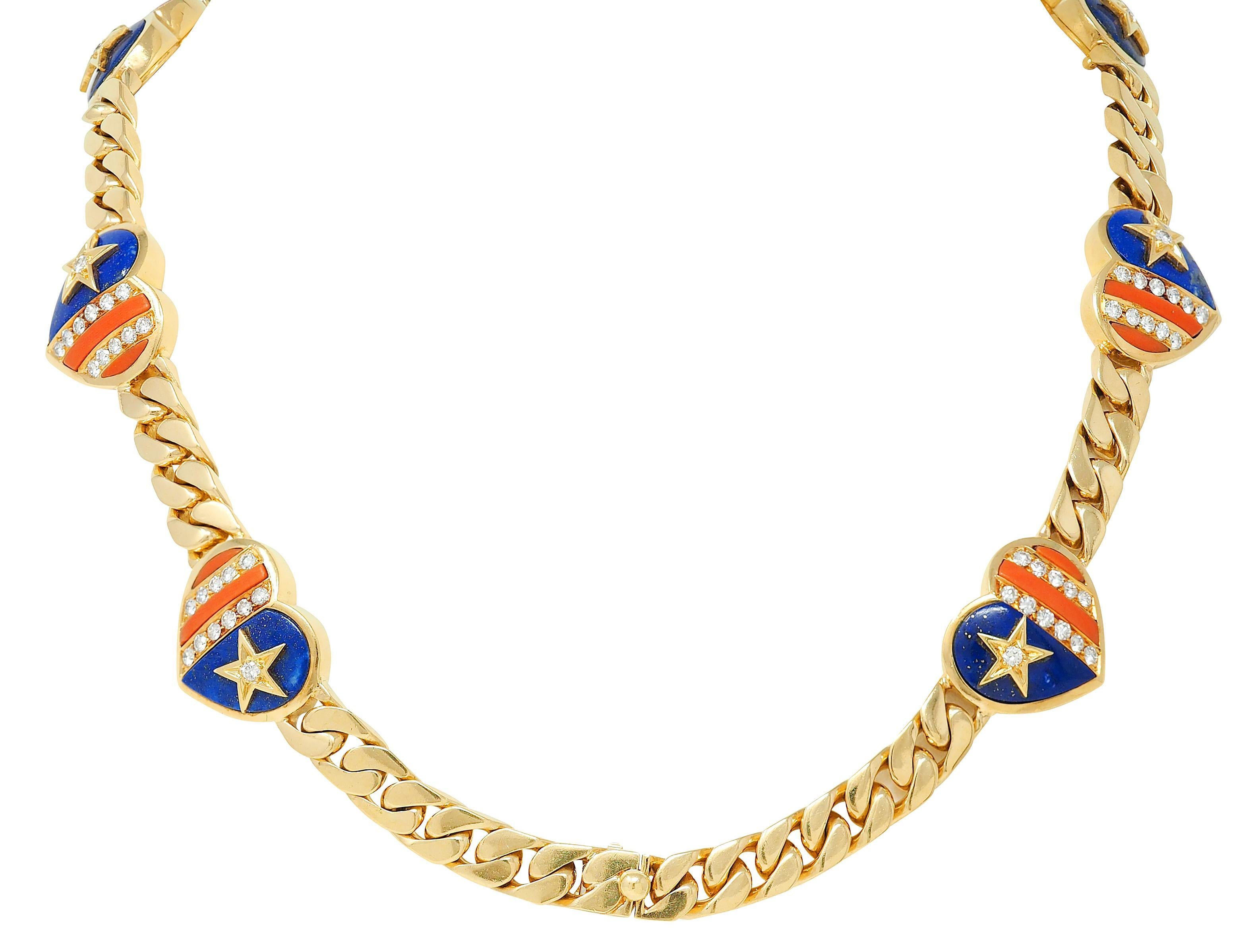 Bulgari 1972 Koralle Lapis Diamant 18K Gold Vintage Stars & Stripes Herz Halskette im Zustand „Hervorragend“ im Angebot in Philadelphia, PA