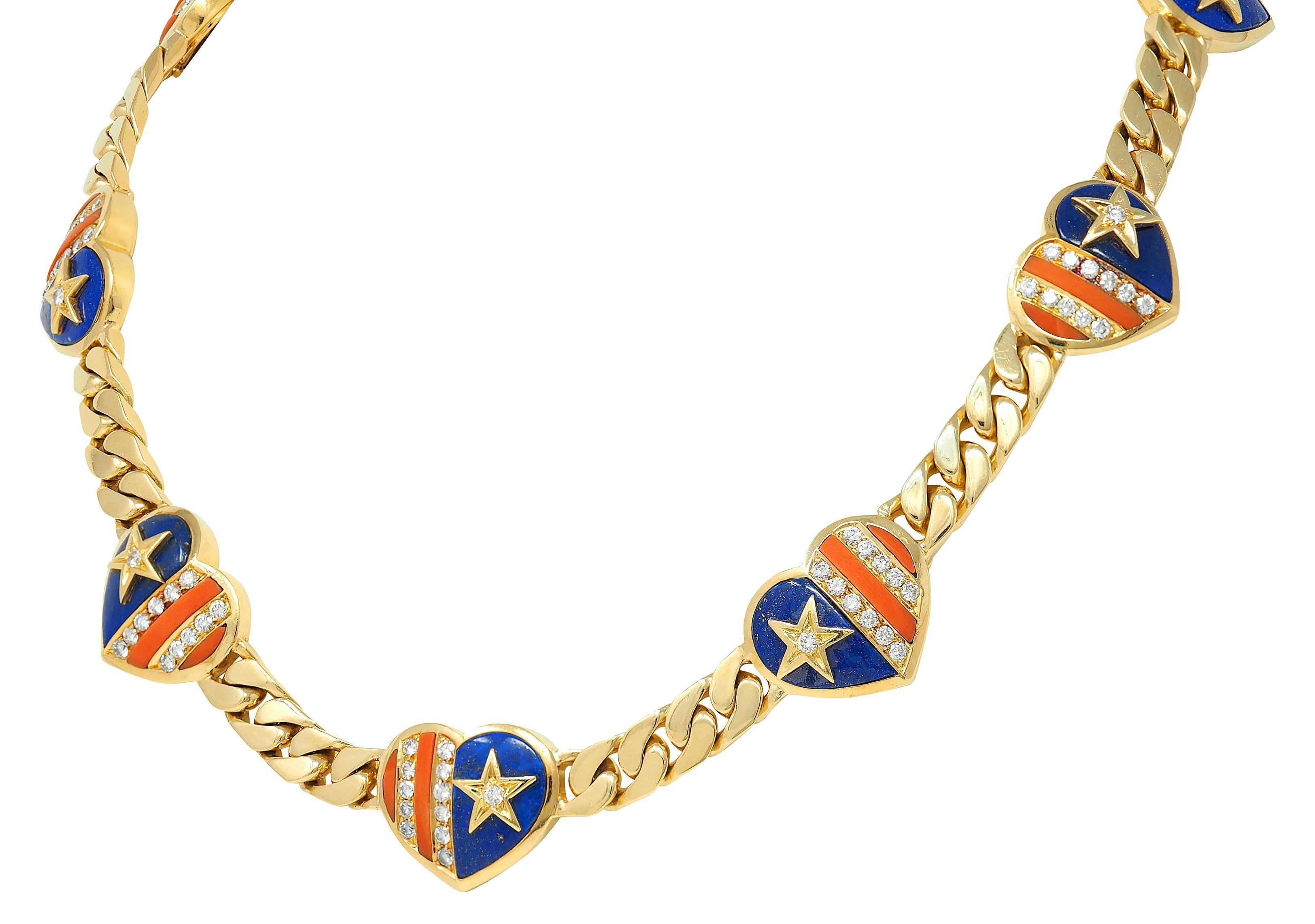 Bulgari 1972 Koralle Lapis Diamant 18K Gold Vintage Stars & Stripes Herz Halskette für Damen oder Herren im Angebot
