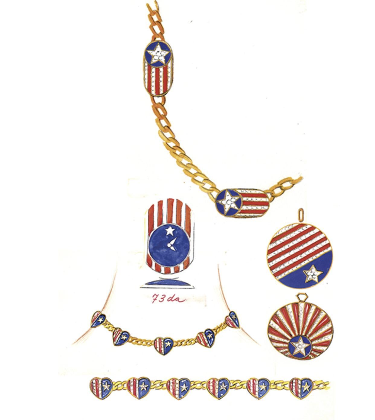 Bulgari 1972 Koralle Lapis Diamant 18K Gold Vintage Stars & Stripes Herz Halskette im Angebot 1