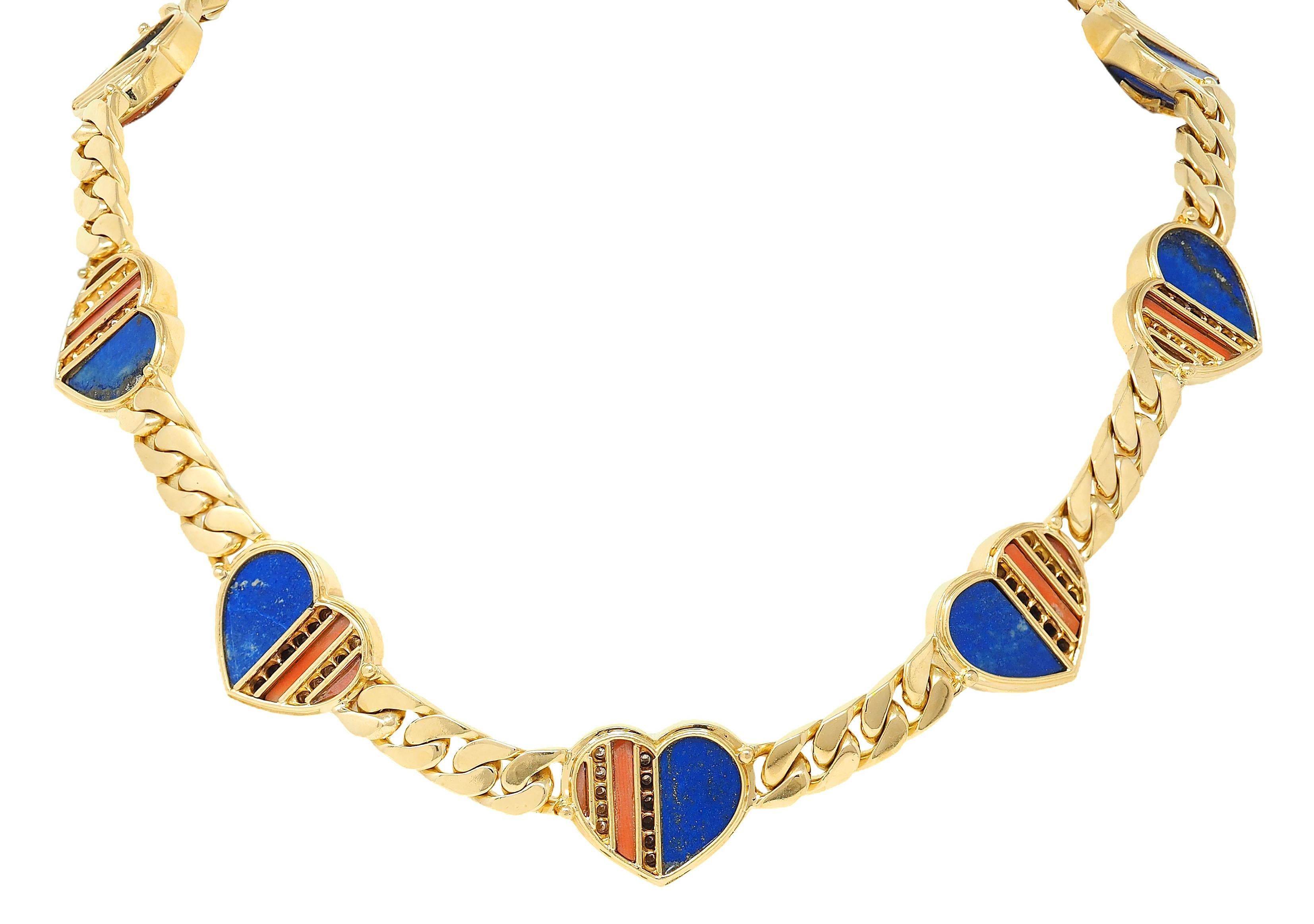 Bulgari 1972 Koralle Lapis Diamant 18K Gold Vintage Stars & Stripes Herz Halskette im Angebot 2