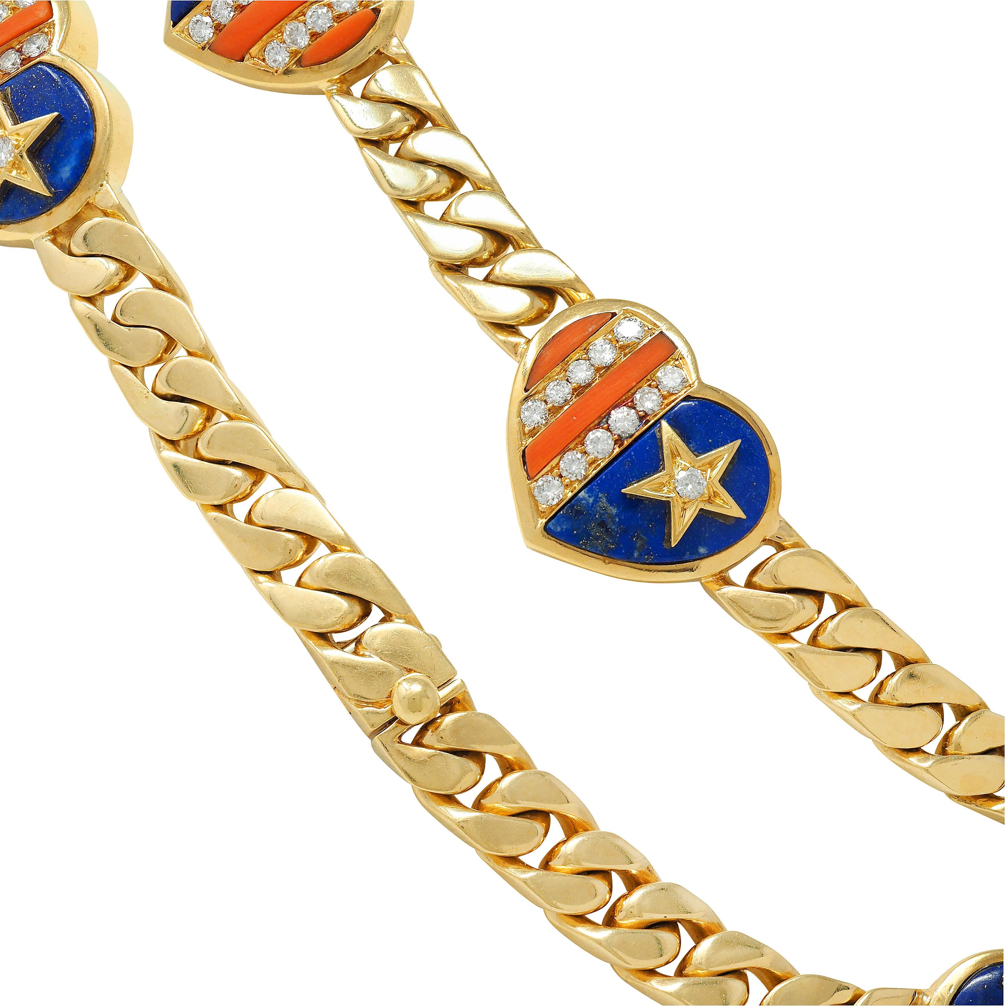 Bulgari 1972 Koralle Lapis Diamant 18K Gold Vintage Stars & Stripes Herz Halskette im Angebot 3