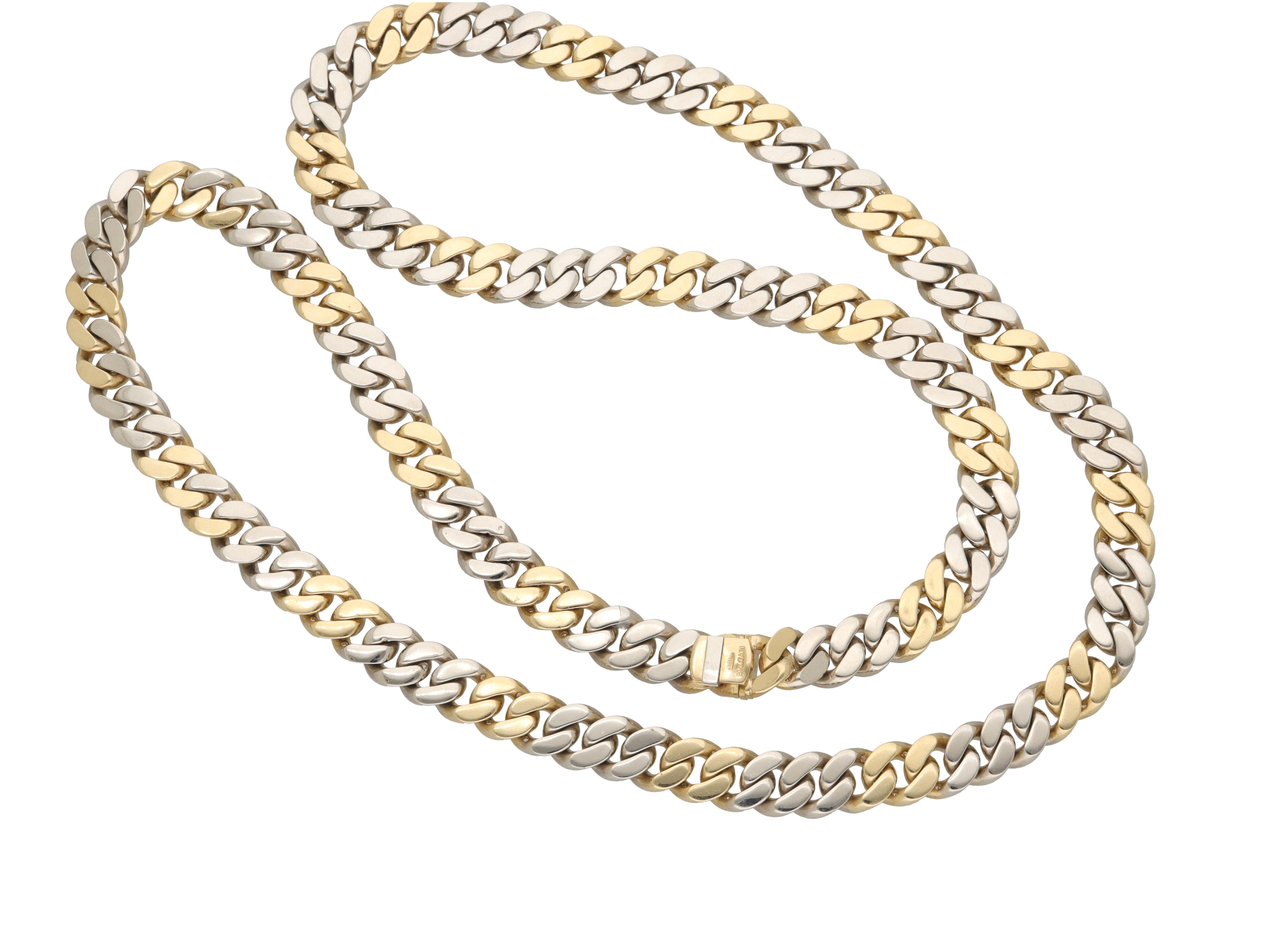 Necklace made of 18 kt. white and yellow gold with diamonds signed BULGARI.
This beautiful piece dates from c. 1980.
The necklace consists of alternating diamond and plain groumette links.
It can also be worn in the version without diamonds being