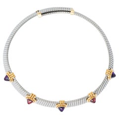 Bulgari 1980 Tourmaline Amethyst Steel 18K Gold Vintage Tubogas Collar Necklace