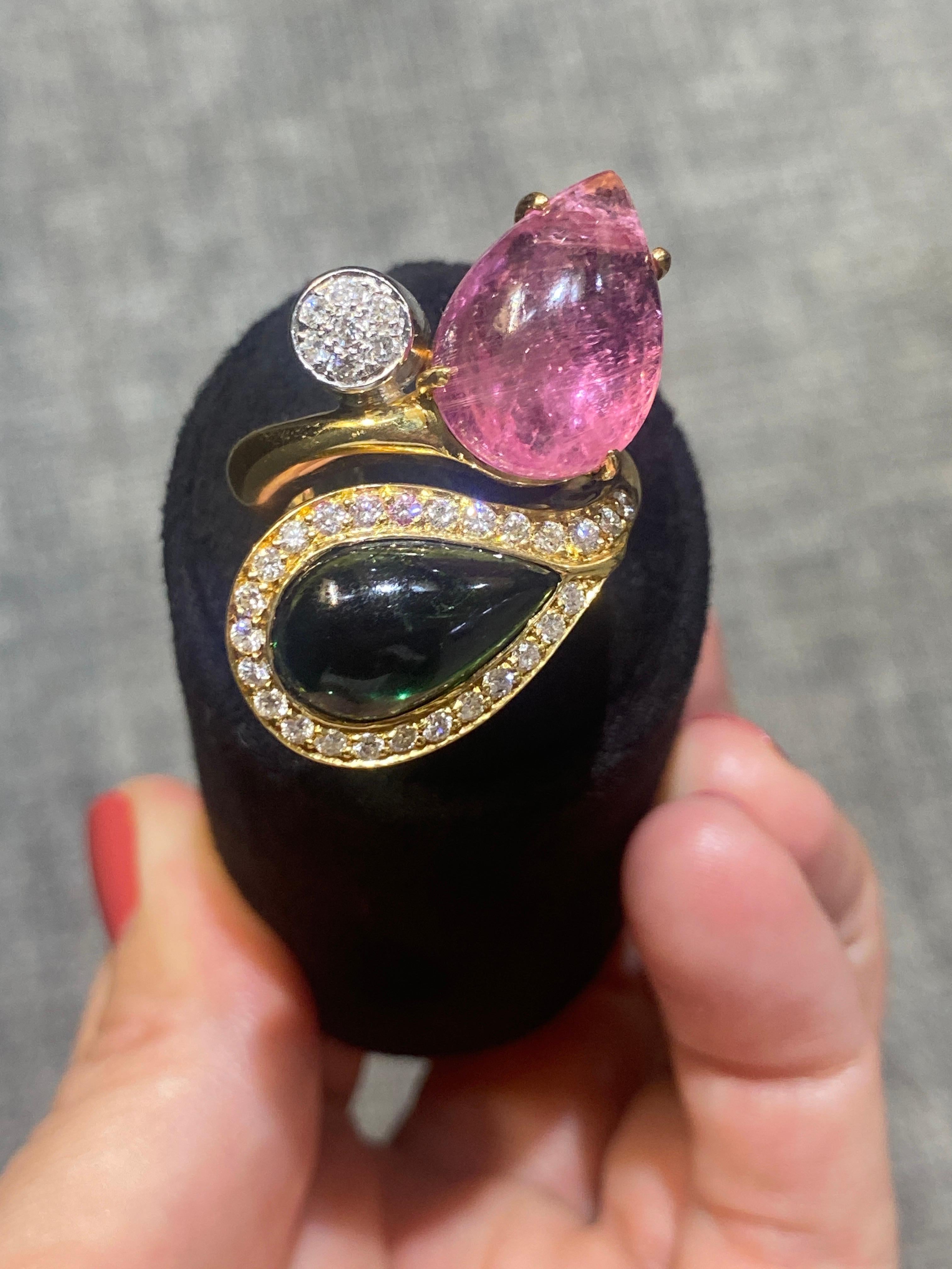 Contemporary Bulgari 1980s 18 carat gold, diamond and green and pink tourmaline cocktail ring For Sale