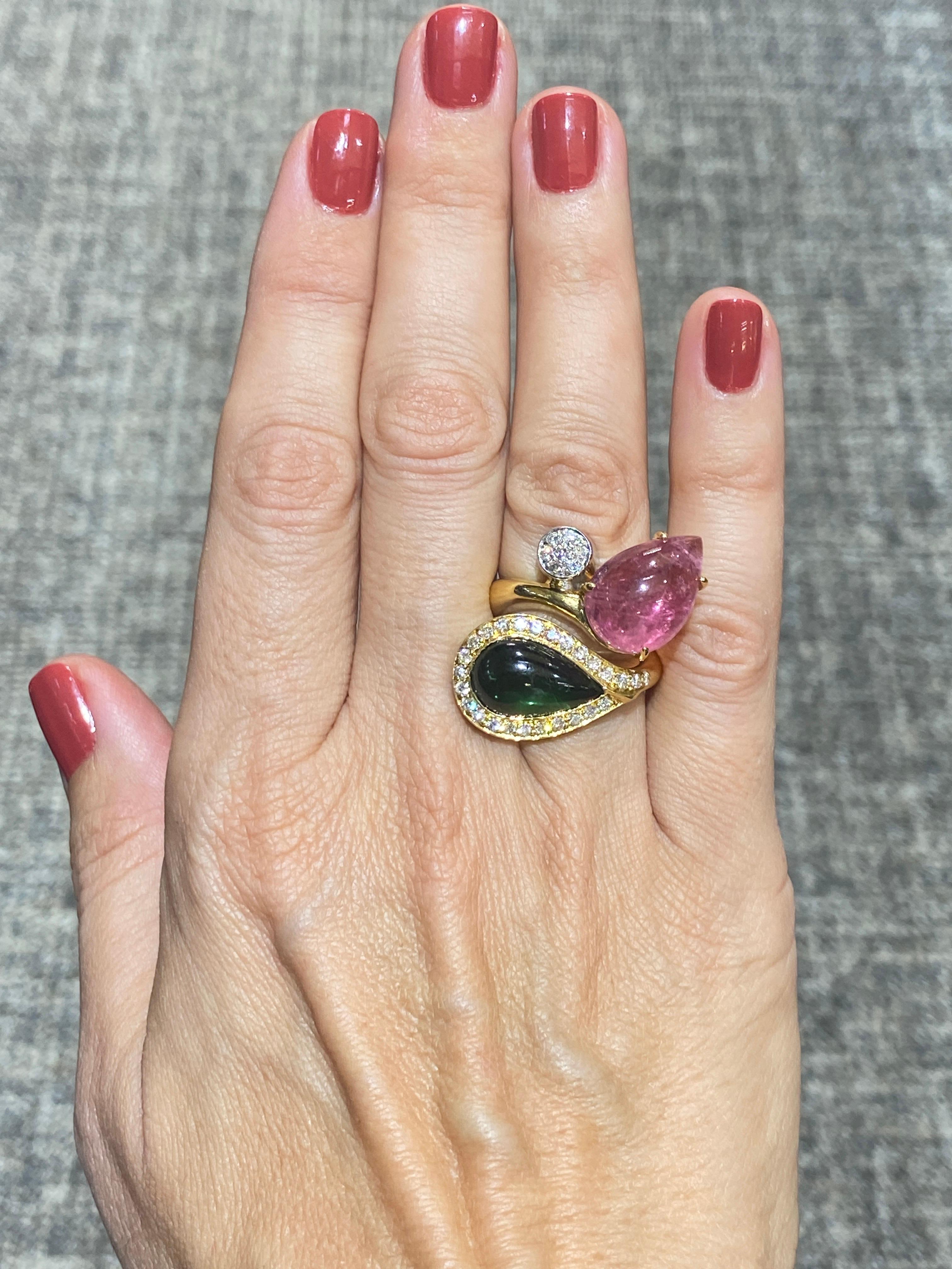 Round Cut Bulgari 1980s 18 carat gold, diamond and green and pink tourmaline cocktail ring For Sale
