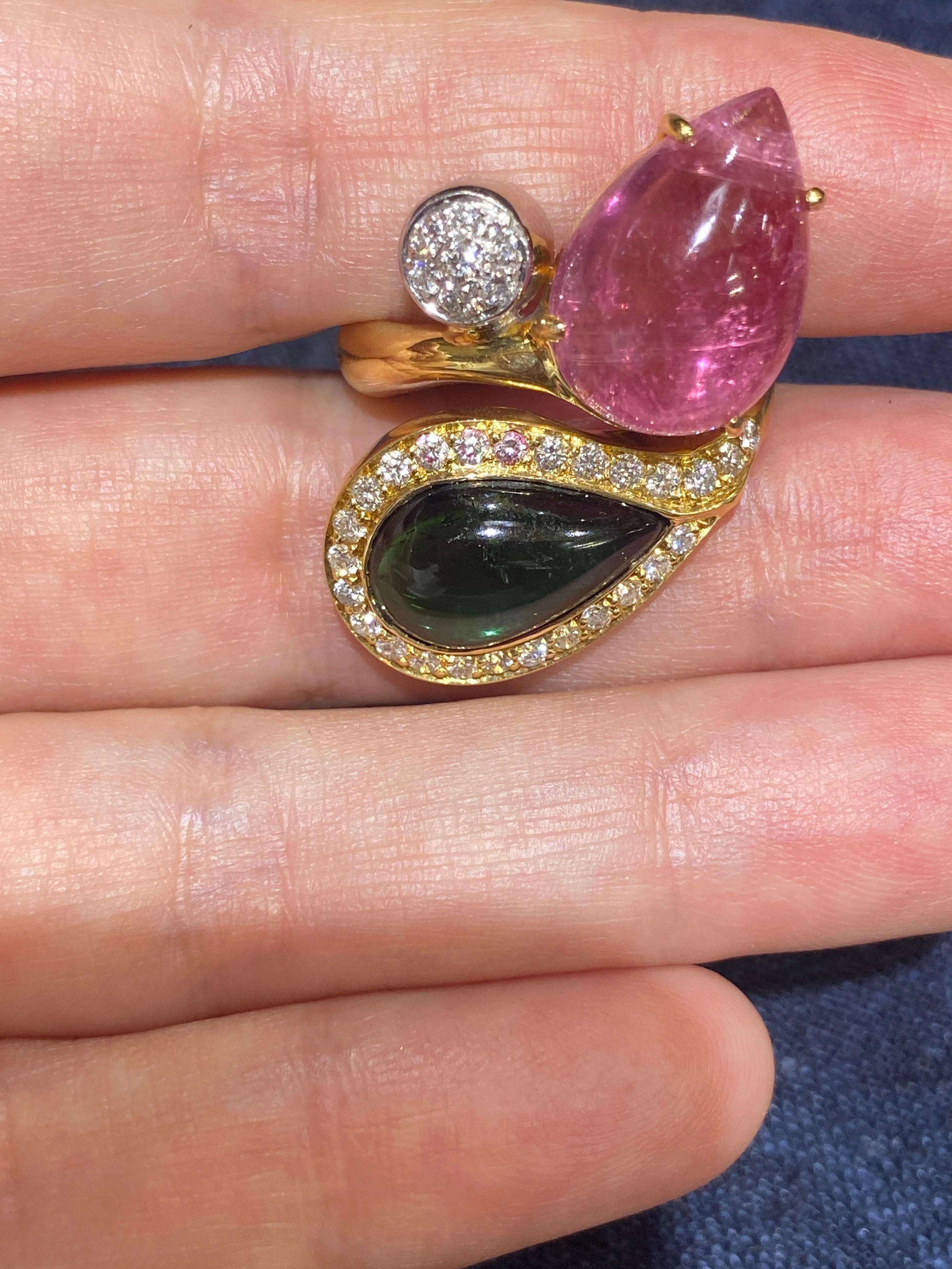 Bulgari 1980s 18 carat gold, diamond and green and pink tourmaline cocktail ring In Excellent Condition For Sale In London, GB