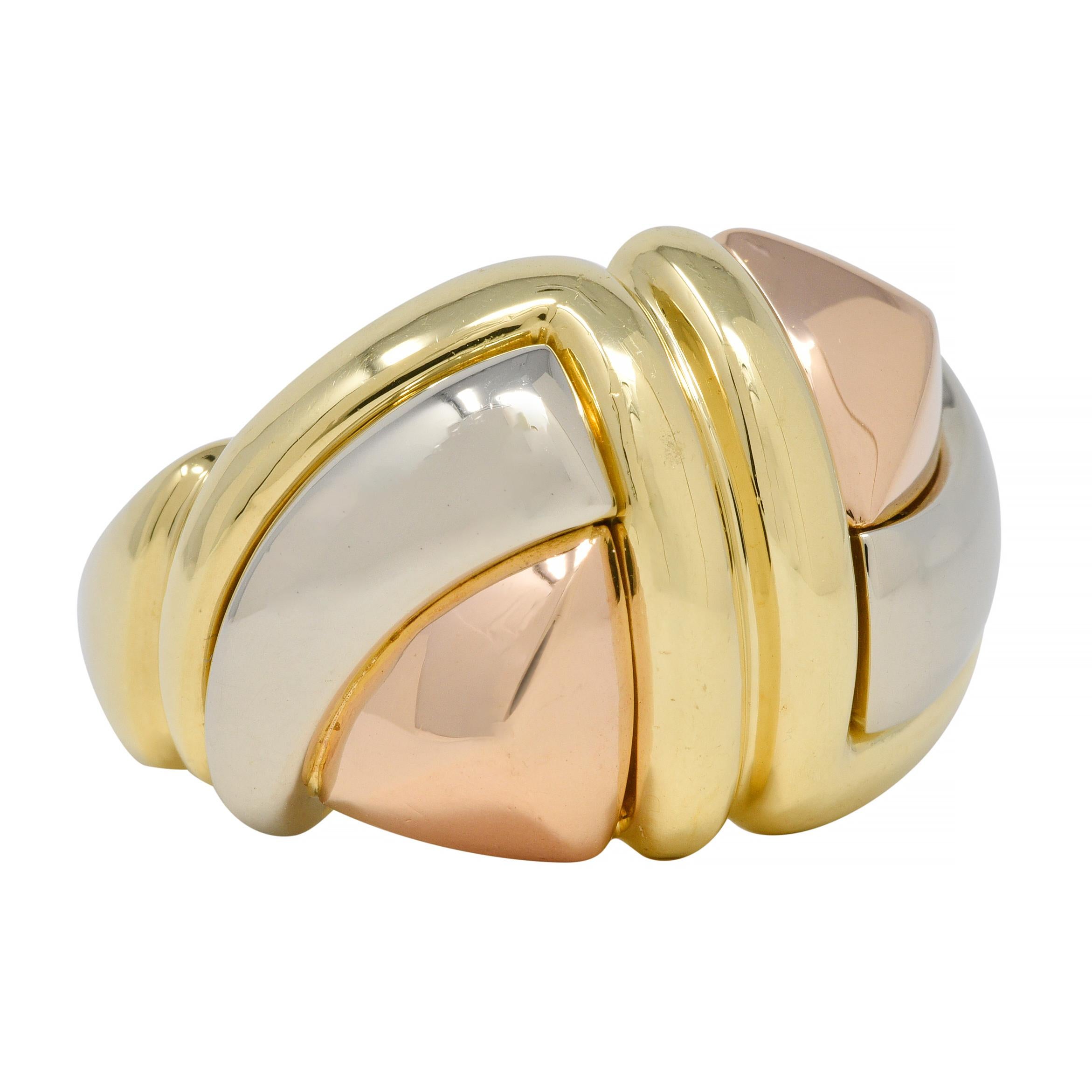 Contemporary Bulgari 1980's 18 Karat Tri-Colored Gold Geometric Faceted Vintage Dome Ring