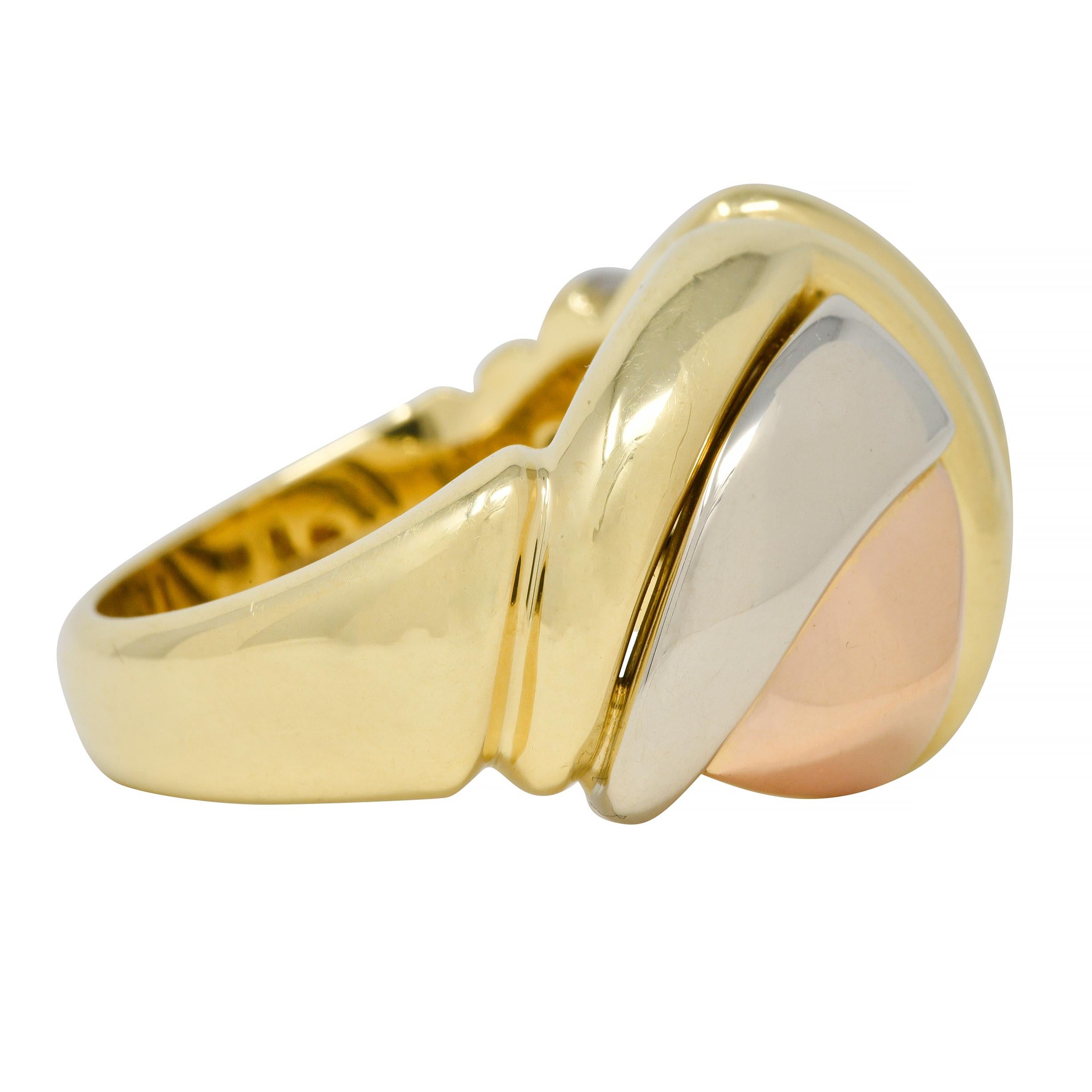 Bulgari 1980's 18 Karat Tri-Colored Gold Geometric Faceted Vintage Dome Ring In Excellent Condition In Philadelphia, PA