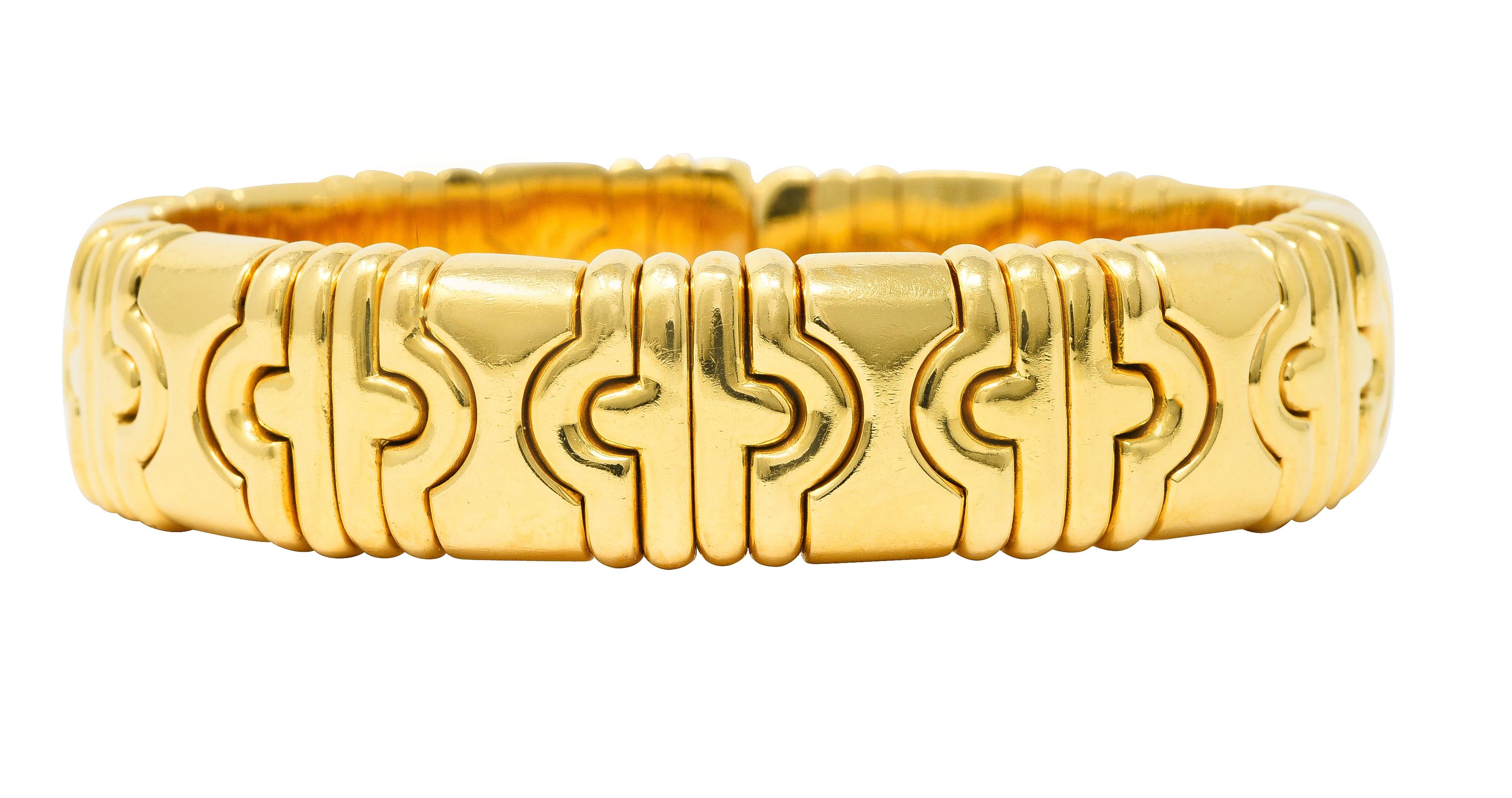Bracelet is comprised of segmented links - with considerable flex. Links feature signature Parentesi motif - fitted curving segments. Featuring flush open terminals. With high polish finish. Stamped 750 with Italian assay marks for 18 karat gold.