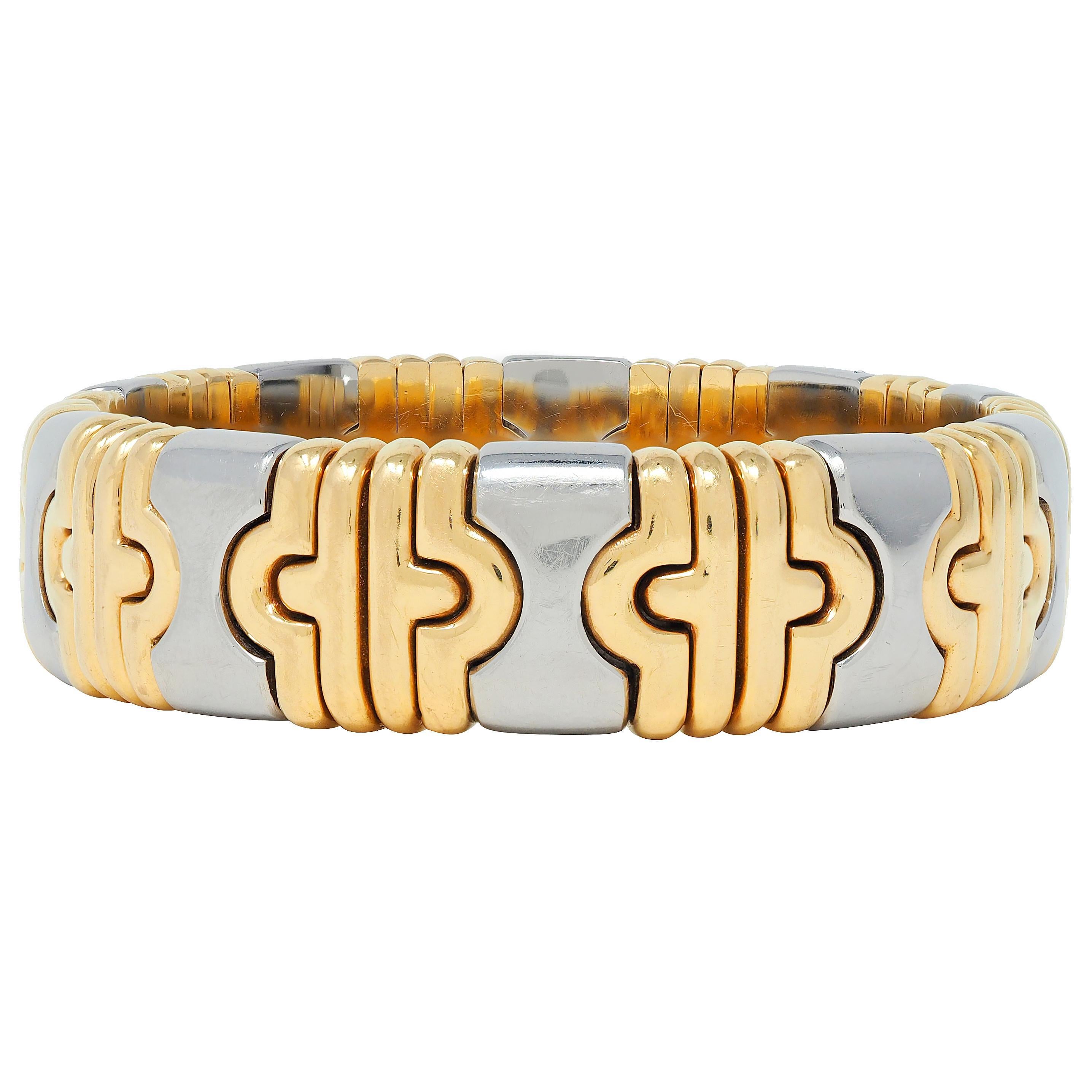 Moderne Bracelet manchette Bulgari 1980 en or jaune 18 carats et acier Parentesi en vente