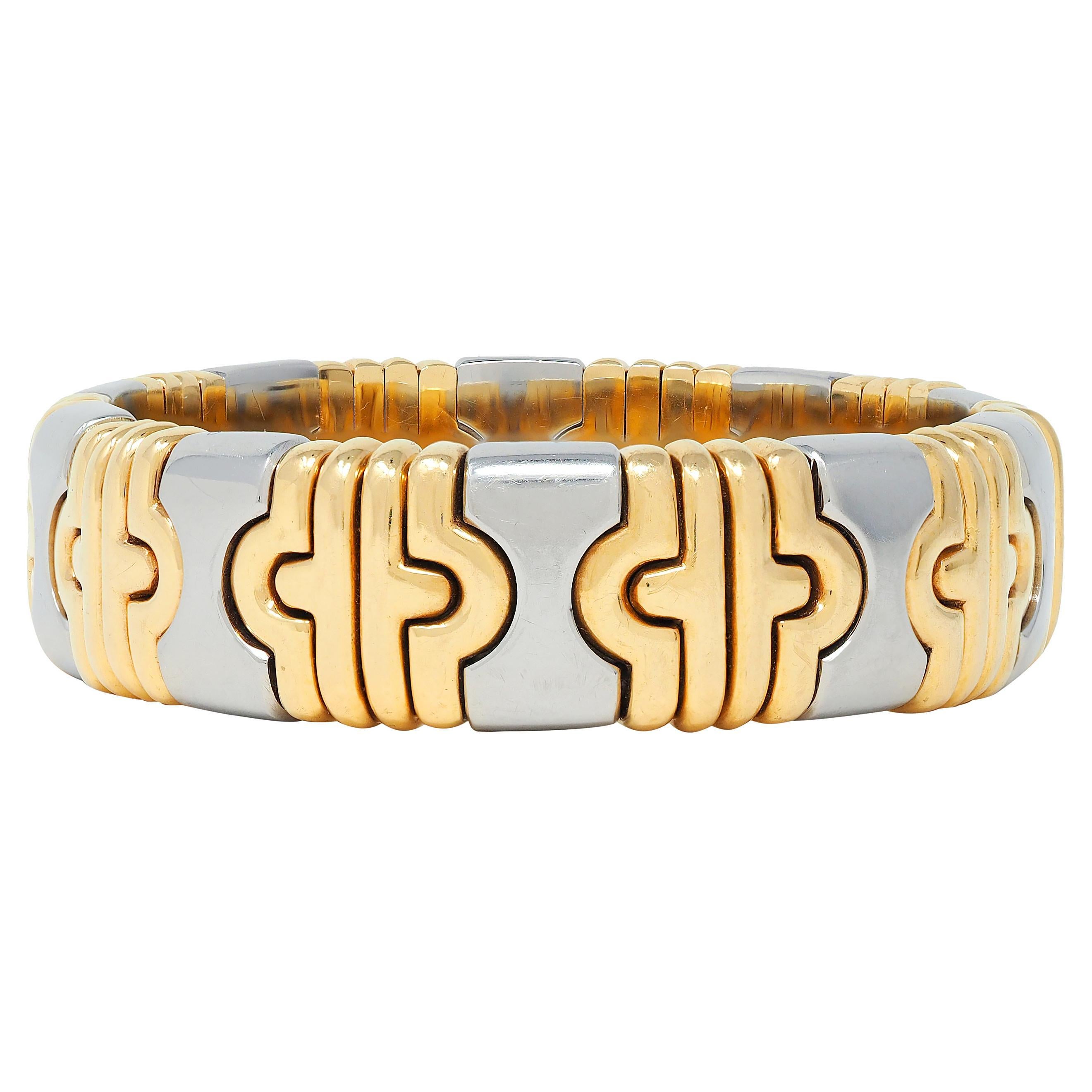 Bracelet manchette Bulgari 1980 en or jaune 18 carats et acier Parentesi Excellent état - En vente à Philadelphia, PA