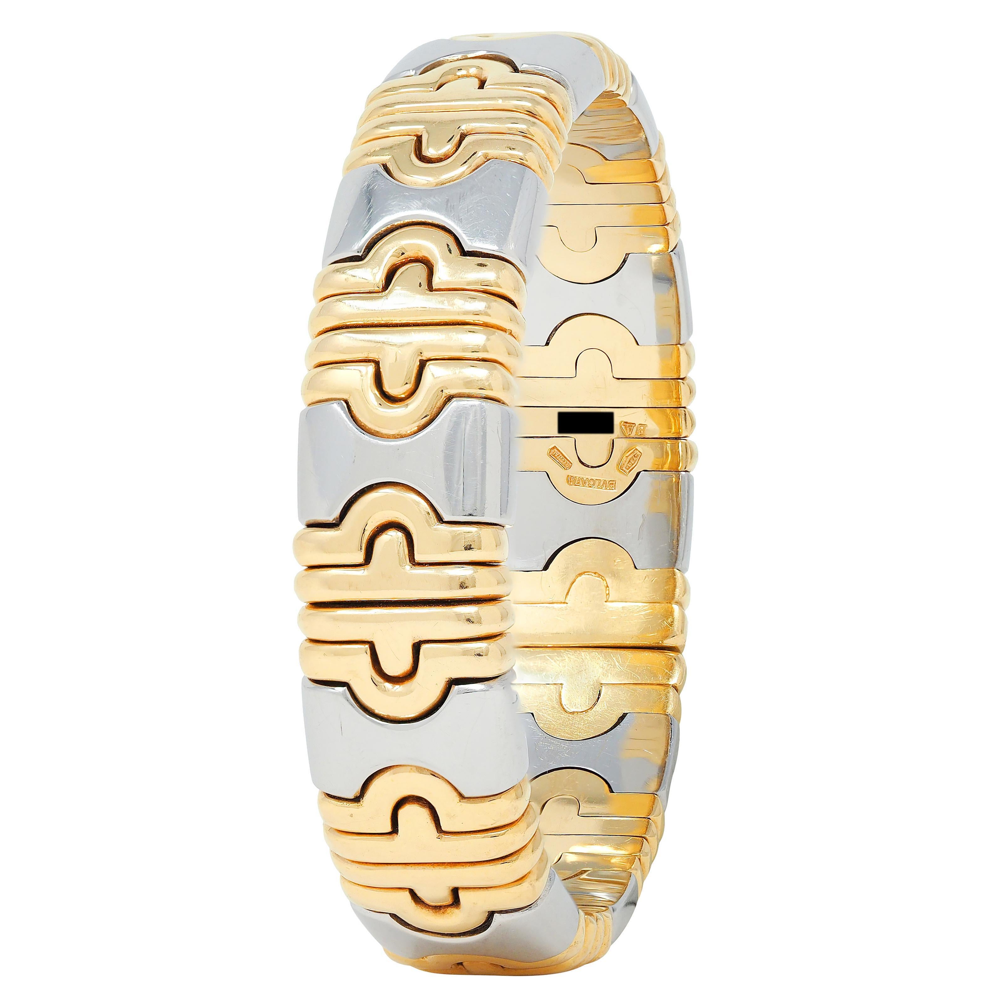 Bracelet manchette Bulgari 1980 en or jaune 18 carats et acier Parentesi Pour femmes en vente