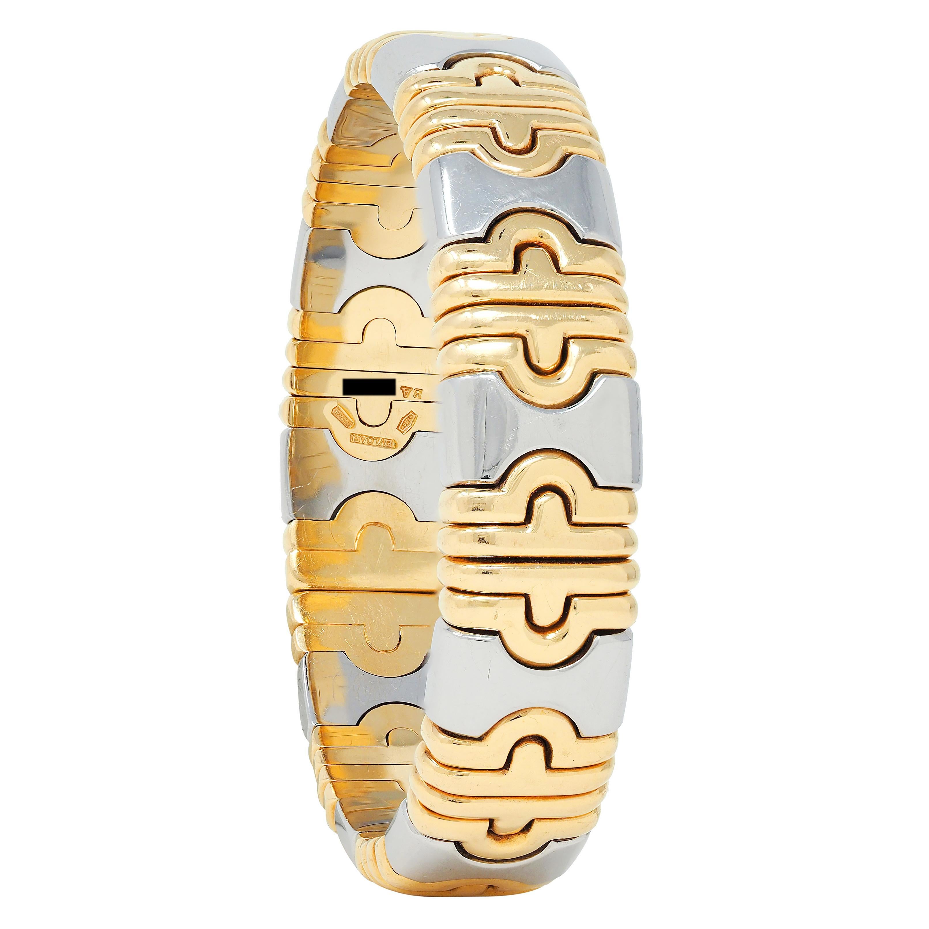 Bracelet manchette Bulgari 1980 en or jaune 18 carats et acier Parentesi en vente 1