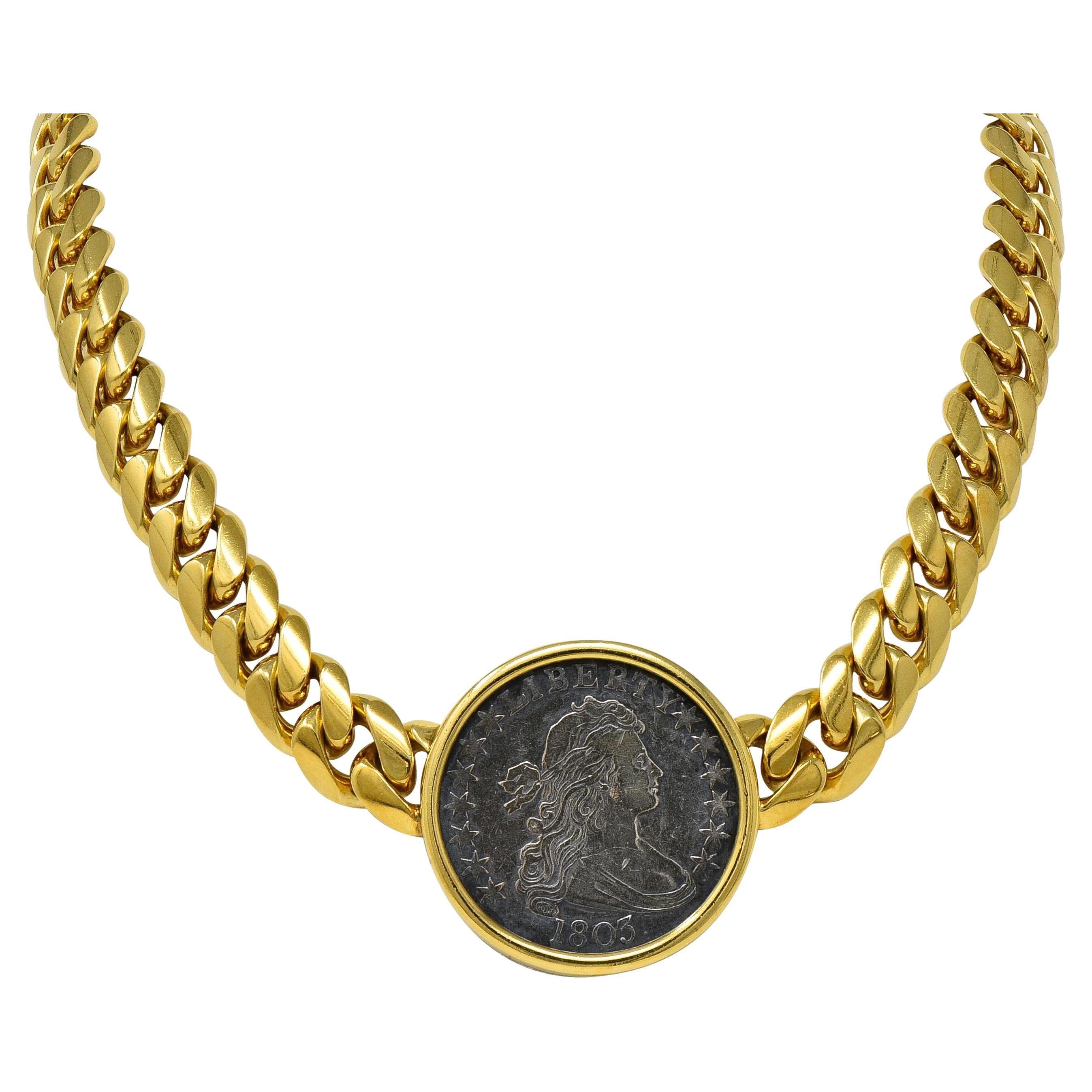 Bulgari 1980's 1803 US Coin 18K Gold Monete Lady Liberty Vintage Collar Necklace