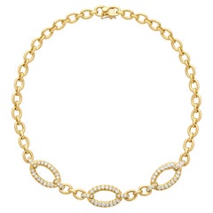 Bulgari 1980's 18k Yellow Gold Pave Diamond Oval Cable Link Necklace