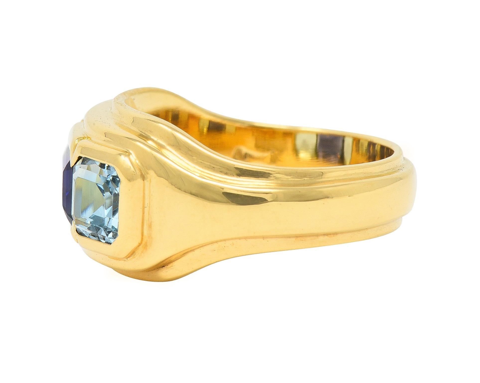 Emerald Cut Bulgari 1980s 2.80 CTW Sapphire Aquamarine 18 Karat Gold Roma Vintage Band Ring