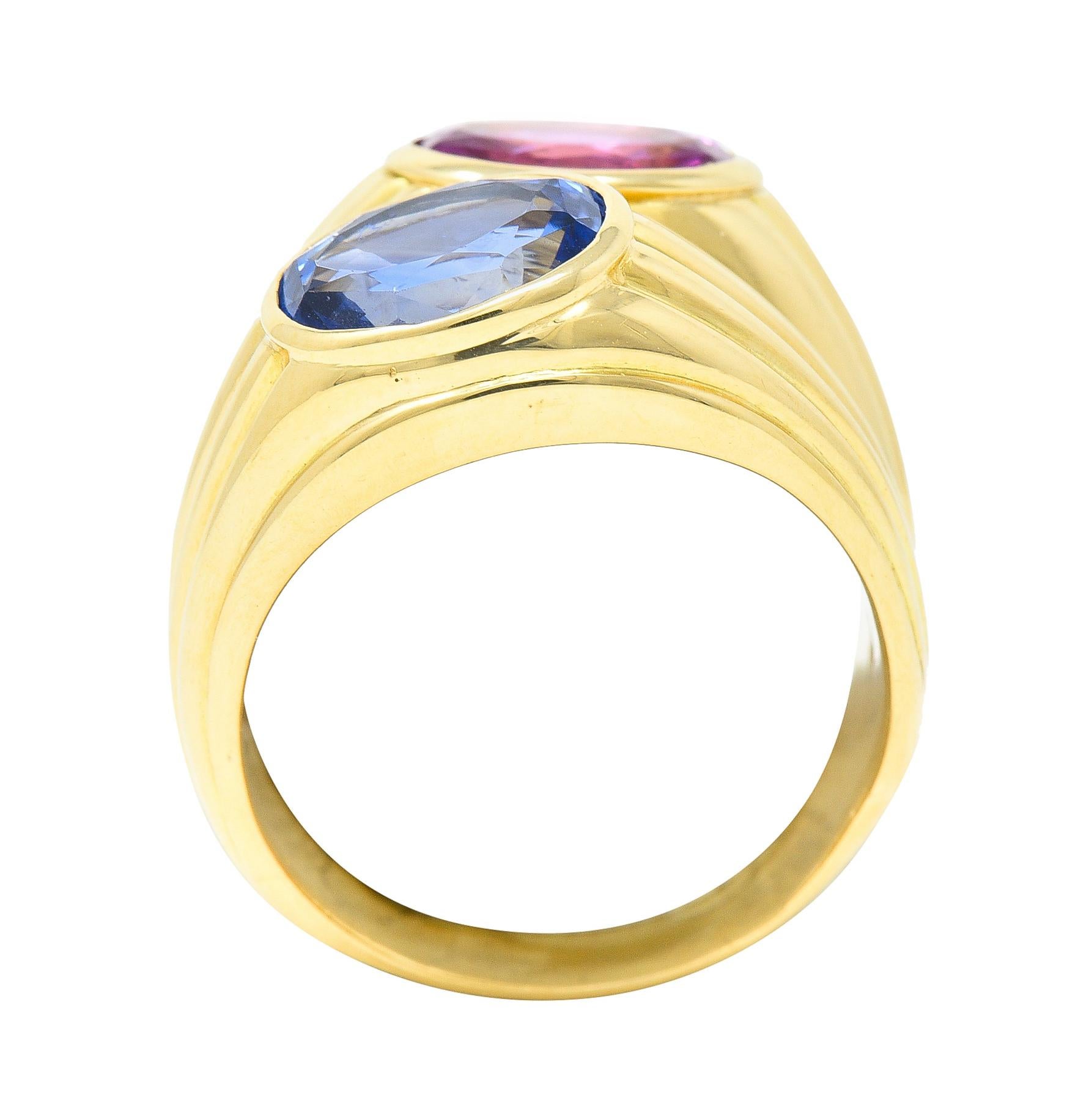 Bulgari 1980s 5.58 Carats Oval Cut Pink & Blue Sapphire 18 Karat Gold Ring 7