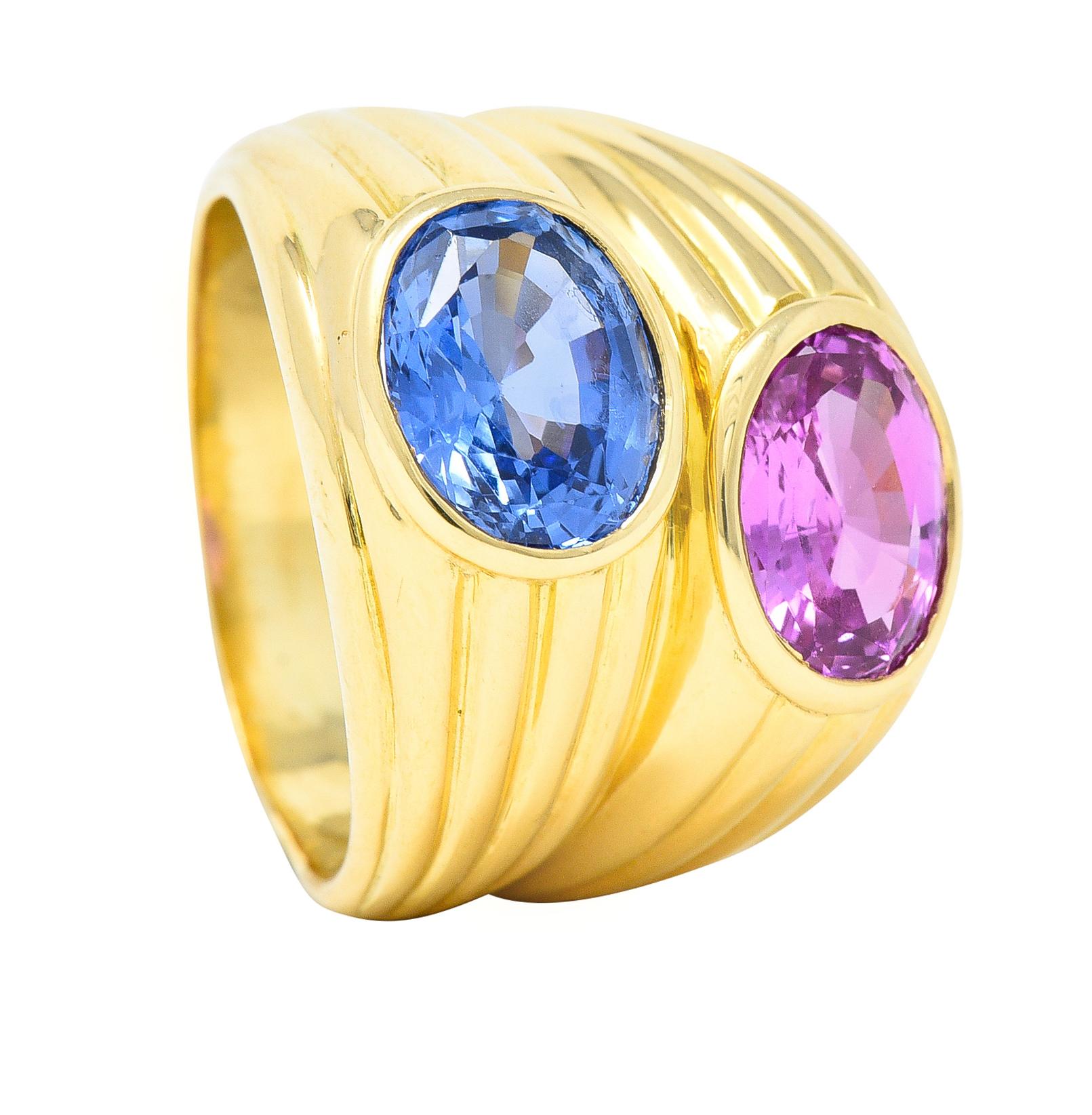 Bulgari 1980s 5.58 Carats Oval Cut Pink & Blue Sapphire 18 Karat Gold Ring 9