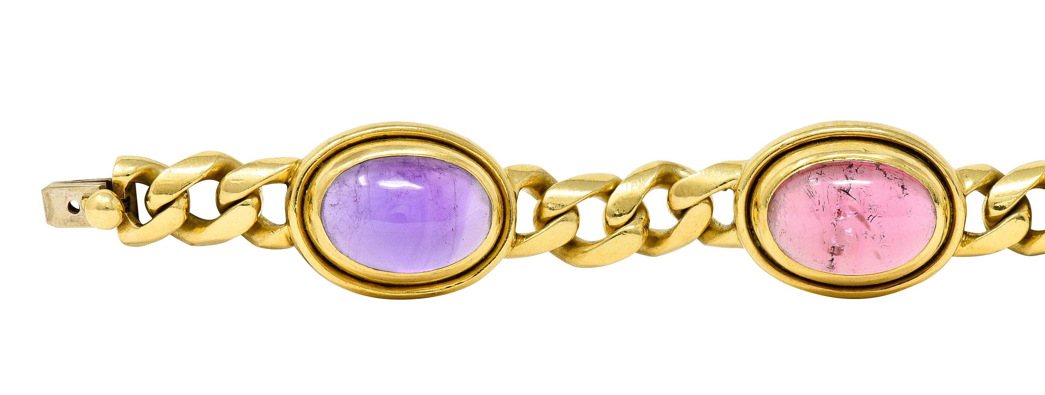 Contemporary Bulgari 1980's Amethyst Tourmaline Cabochon 18 Karat Curb Link Bracelet