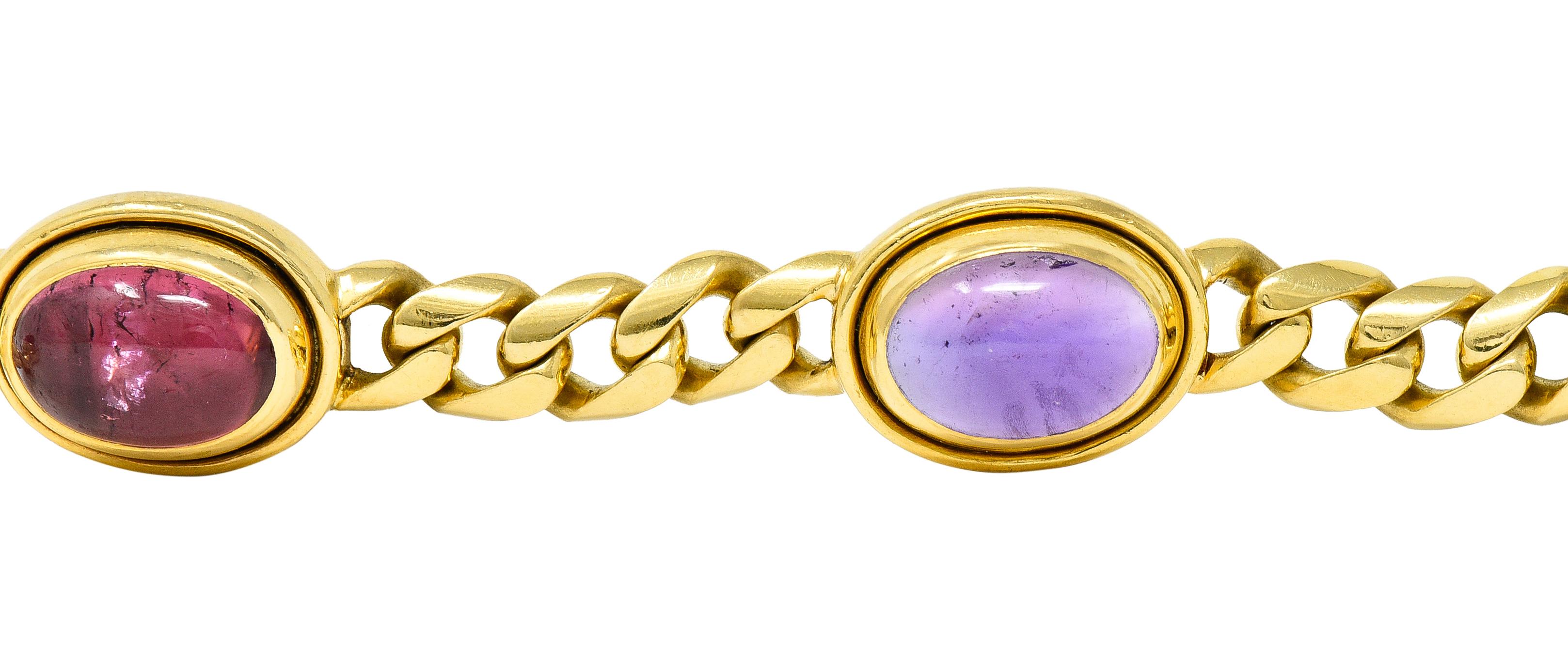 Oval Cut Bulgari 1980's Amethyst Tourmaline Cabochon 18 Karat Curb Link Bracelet