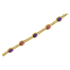 Vintage Bulgari 1980's Amethyst Tourmaline Cabochon 18 Karat Curb Link Bracelet