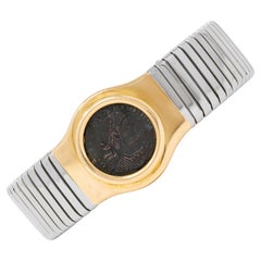 Bulgari 1980's Ancient Roman Coin 18K Gold Steel Vintage Monete Cuff Bracelet