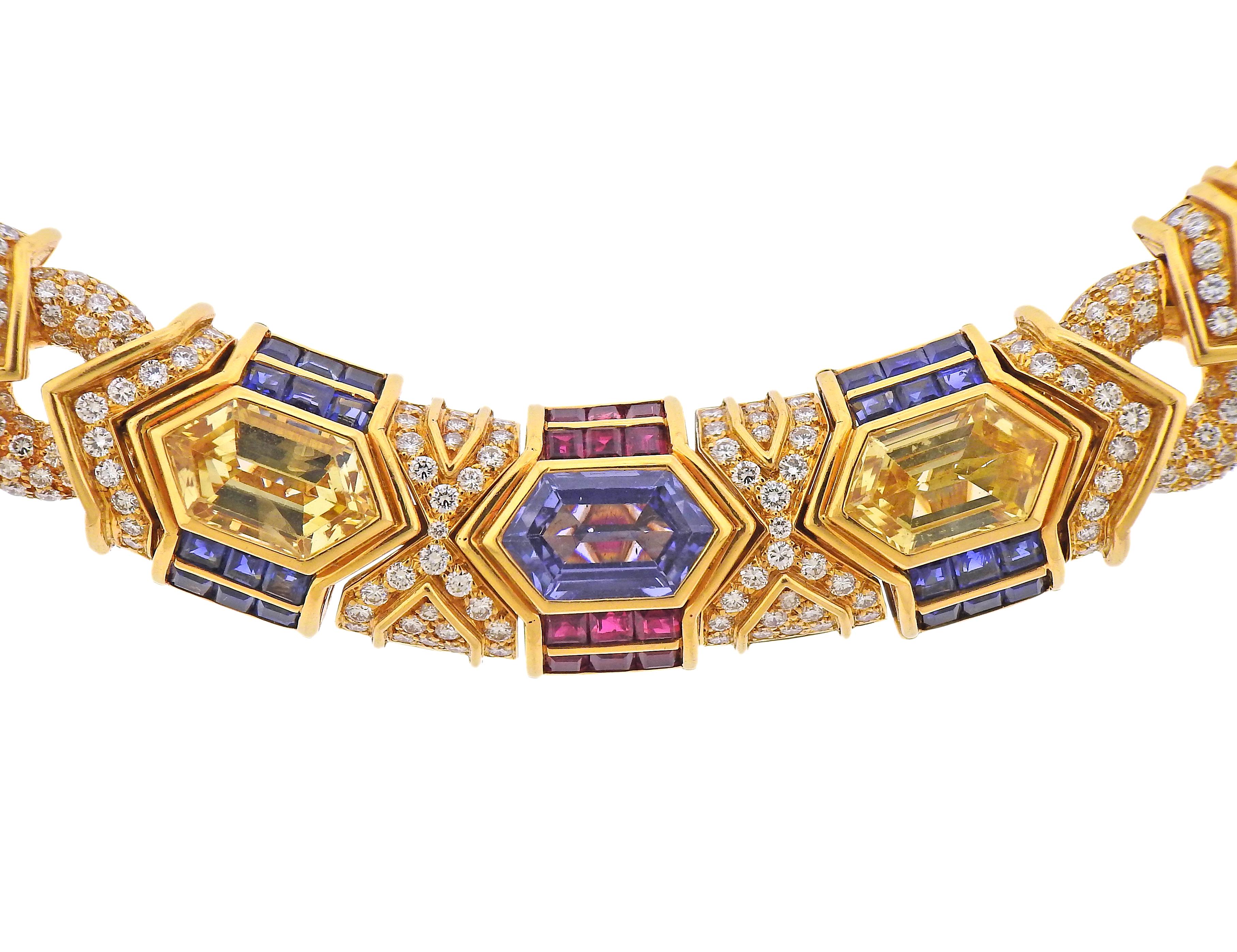 1980s Bvlgari necklace, in 18k gold, with blue and yellow sapphires - 13.03ctw, rubies and 5.94ctw in diamonds. Necklace is 16.5