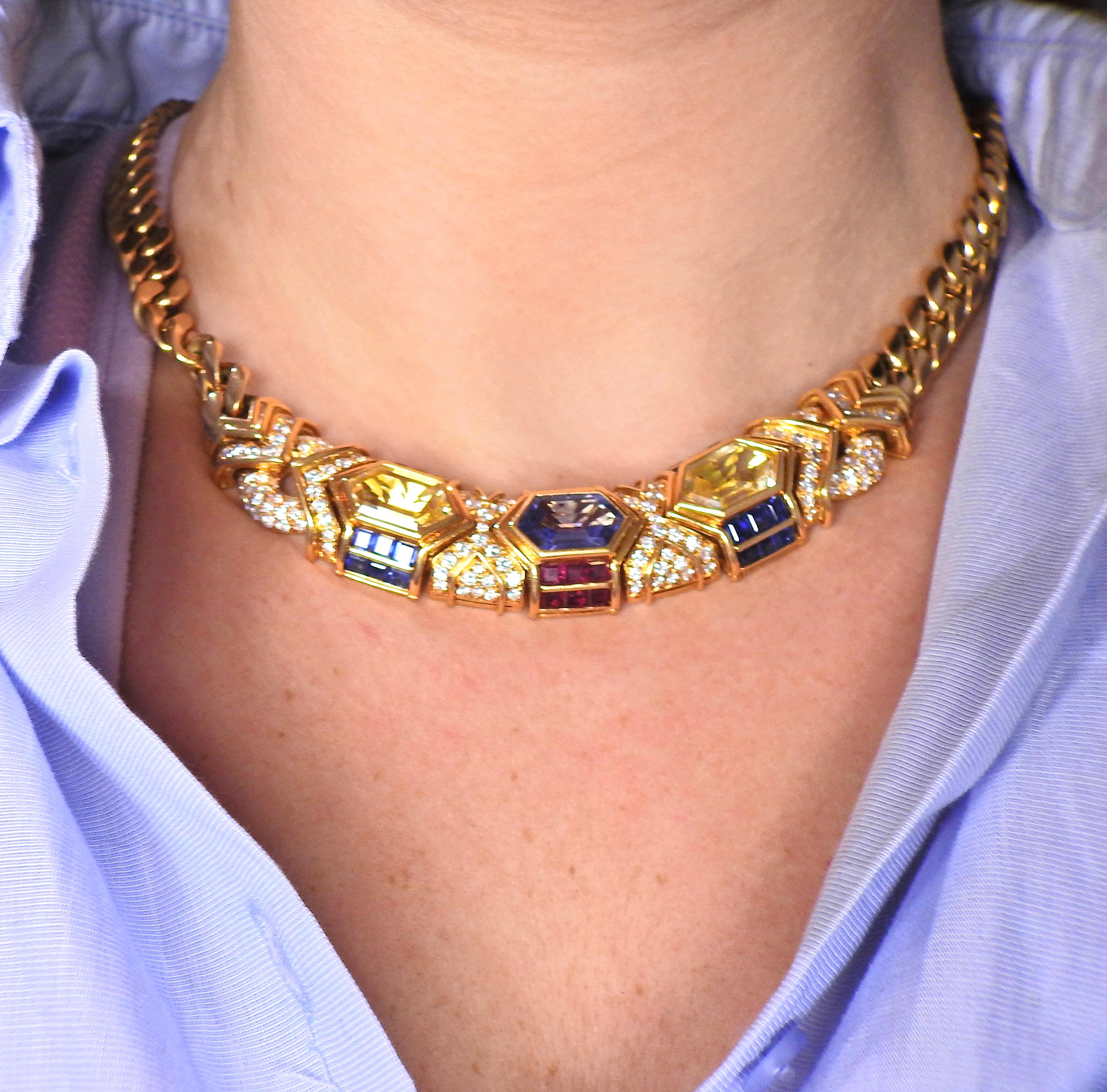 Bulgari 1980s Blue Yellow Sapphire Ruby Diamond Gold Necklace In Excellent Condition In New York, NY