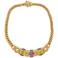 Vintage Bulgari 1980s Blue Yellow Sapphire Ruby Diamond Gold Necklace