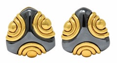 Bulgari 1980's Carved Hematite 18K Gold Geometric Vintage Ear-Clip Earrings