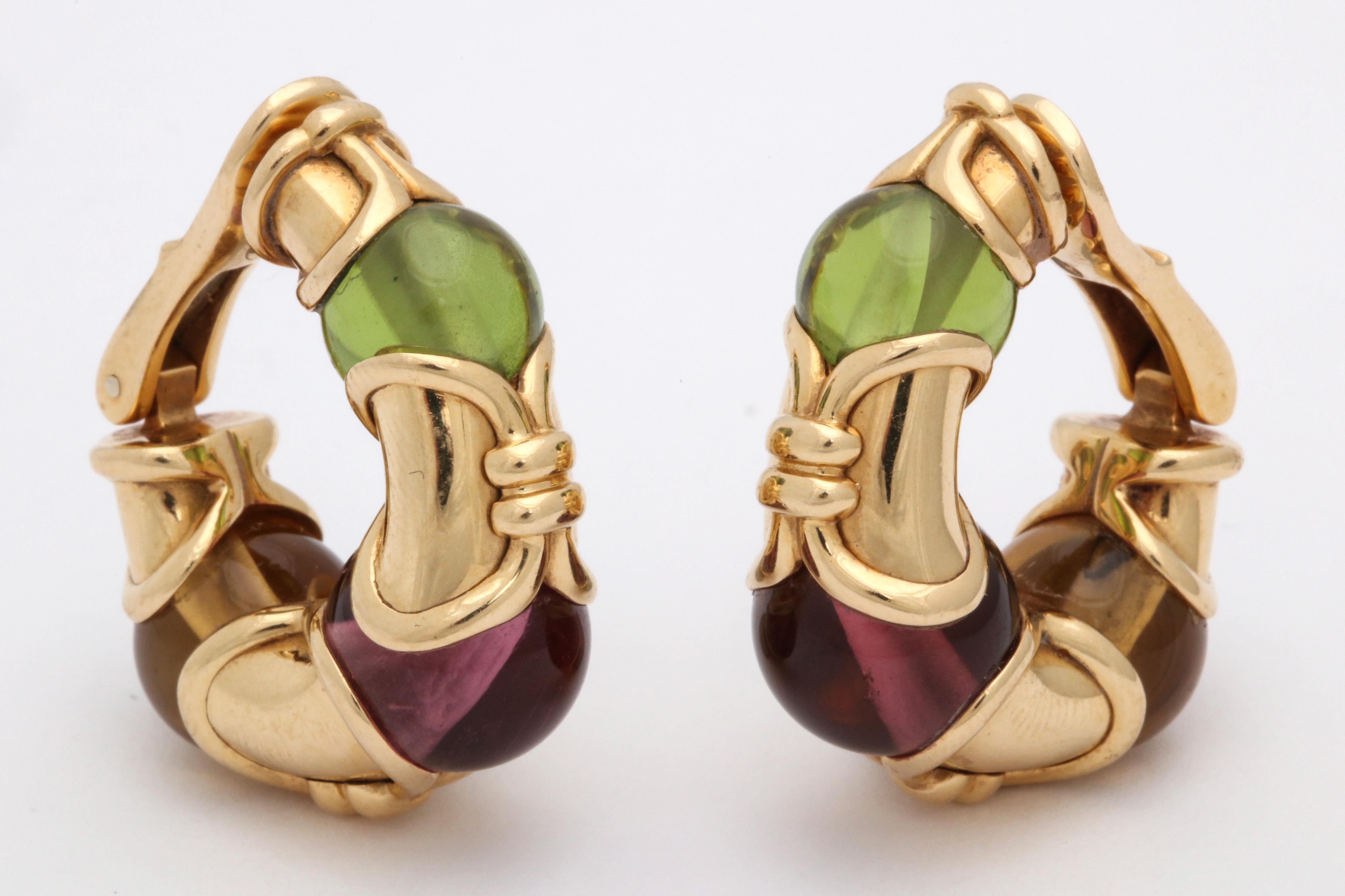 Bulgari 1980s Chic Pink Tourmaline, Peridot, Citrine Half Hoop Gold Earclips 6